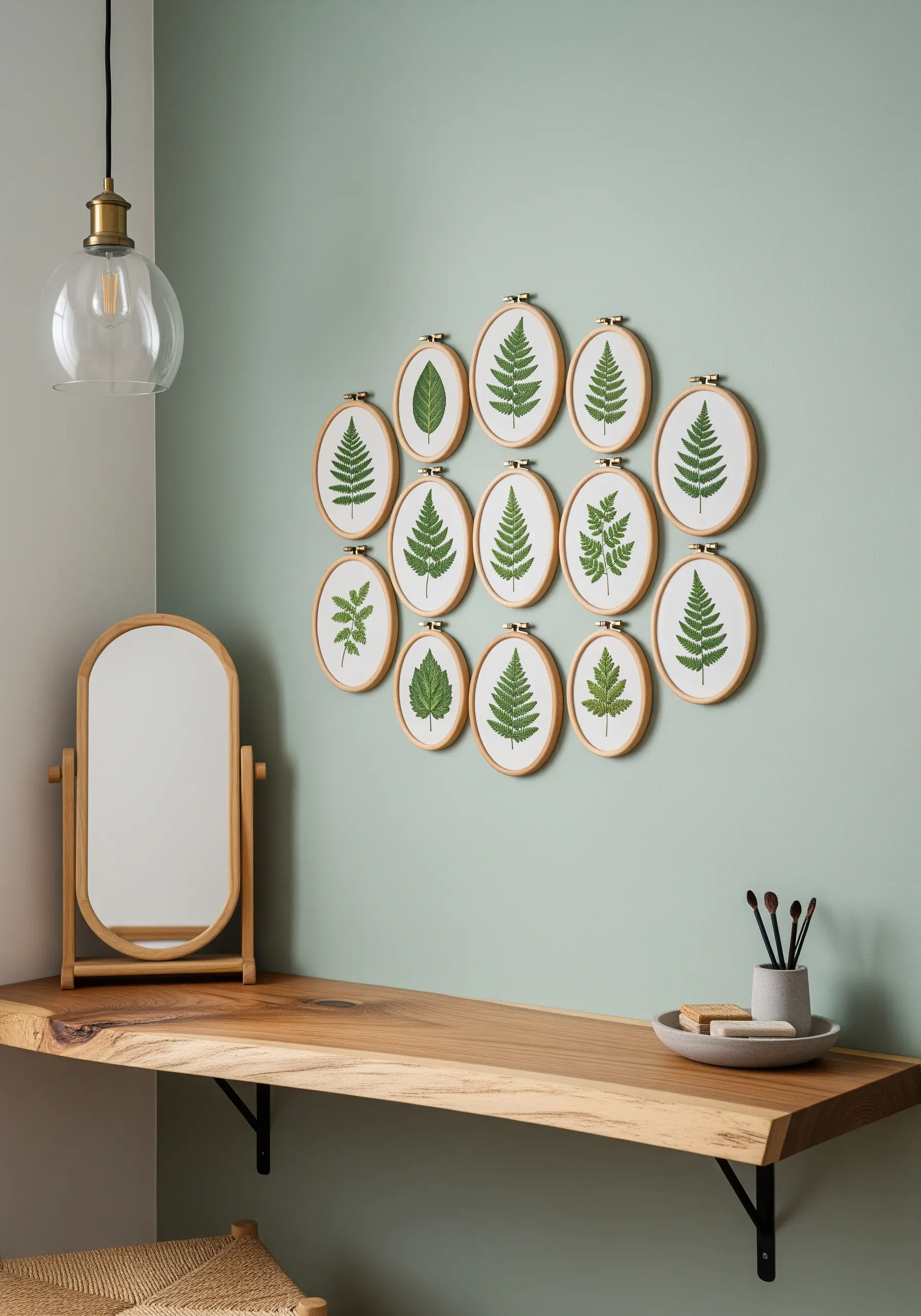 A collection of embroidered green leaves and ferns in oval hoops, arranged on a sage green wall.