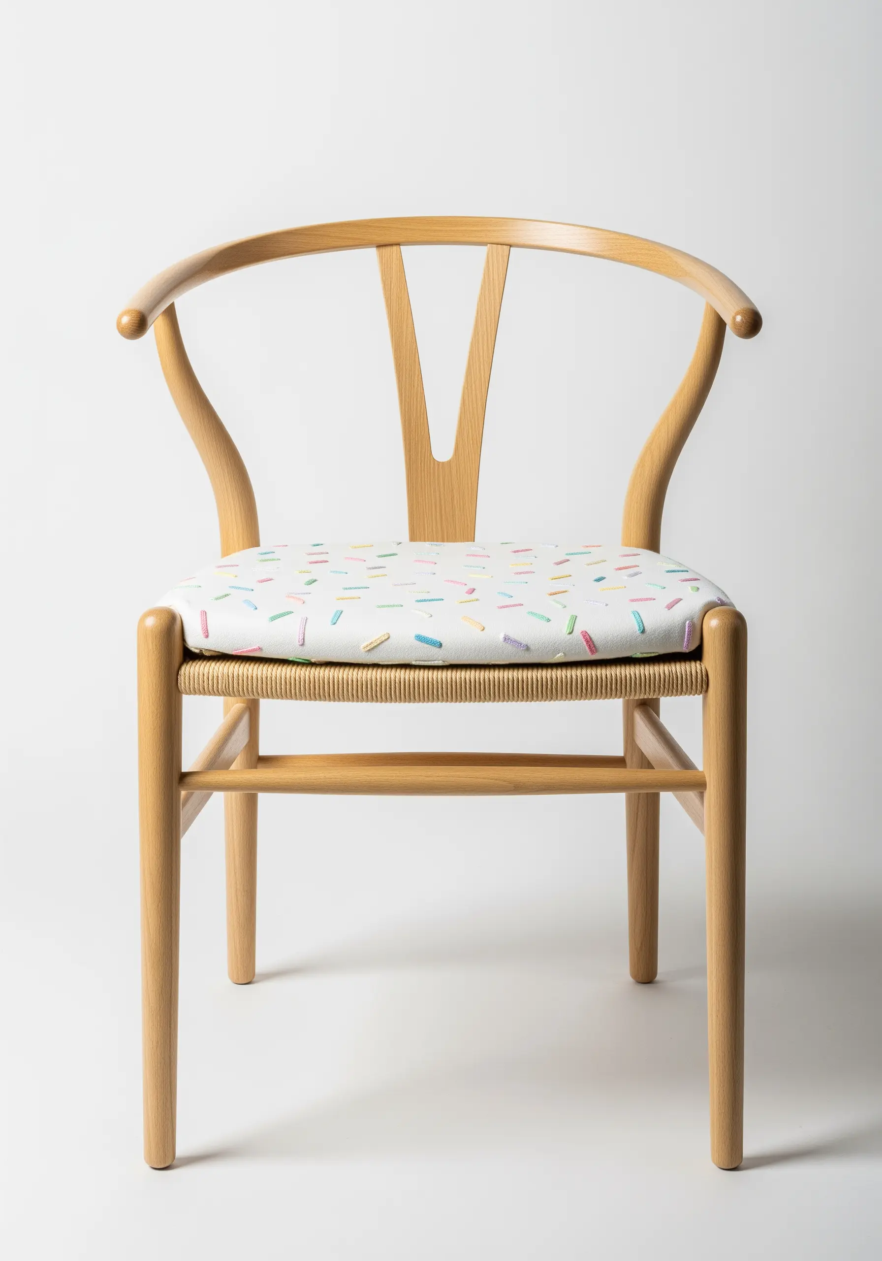 Wooden chair with seat cushion featuring pastel confetti embroidery