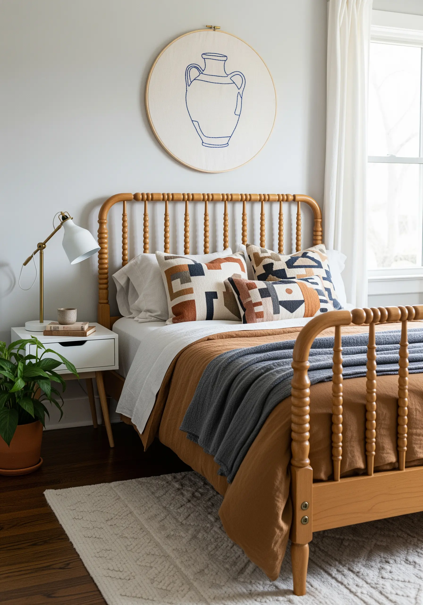 A large embroidery hoop with a blue line art vase that matches the colors in the bed pillows.