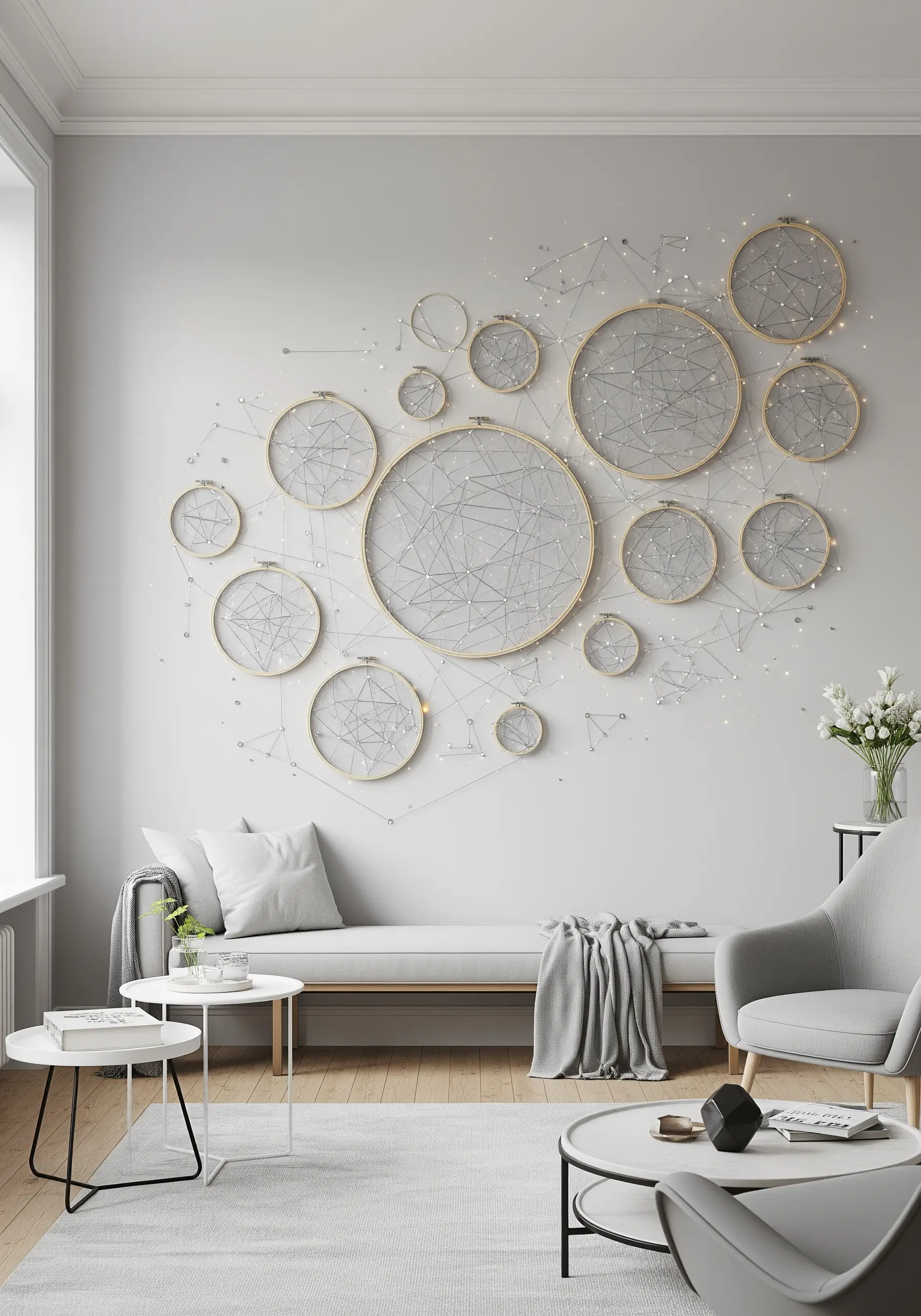 Large wall installation of interconnected embroidery hoops with silver geometric constellation patterns