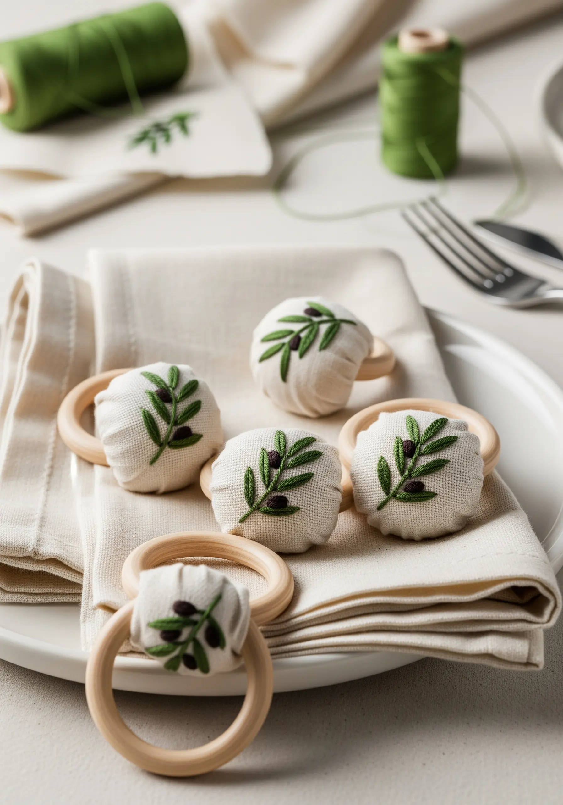 Padded napkin rings with embroidered olive branches attached to wooden rings.