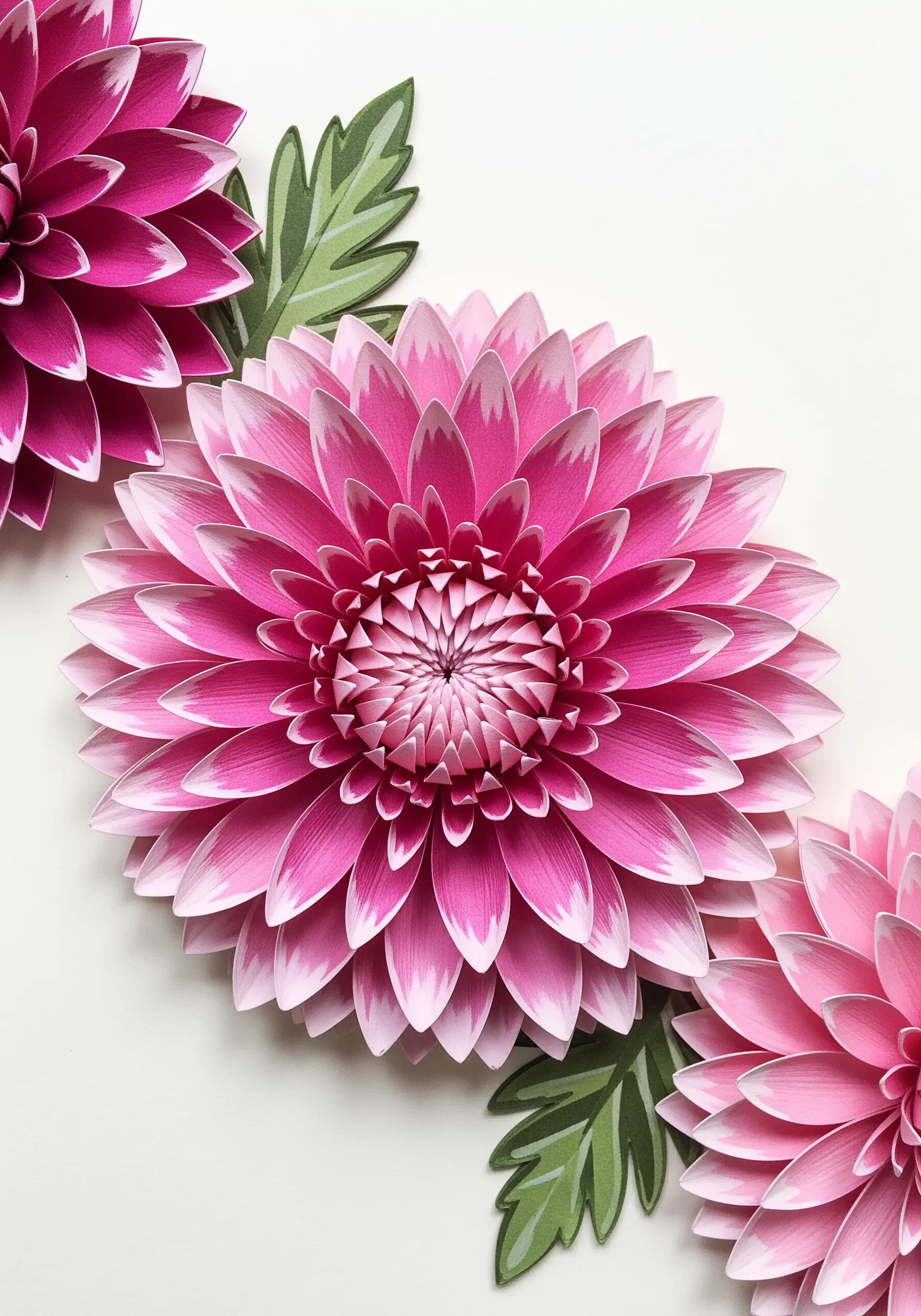 Three-dimensional pink dahlia flowers made from layered paper petals.
