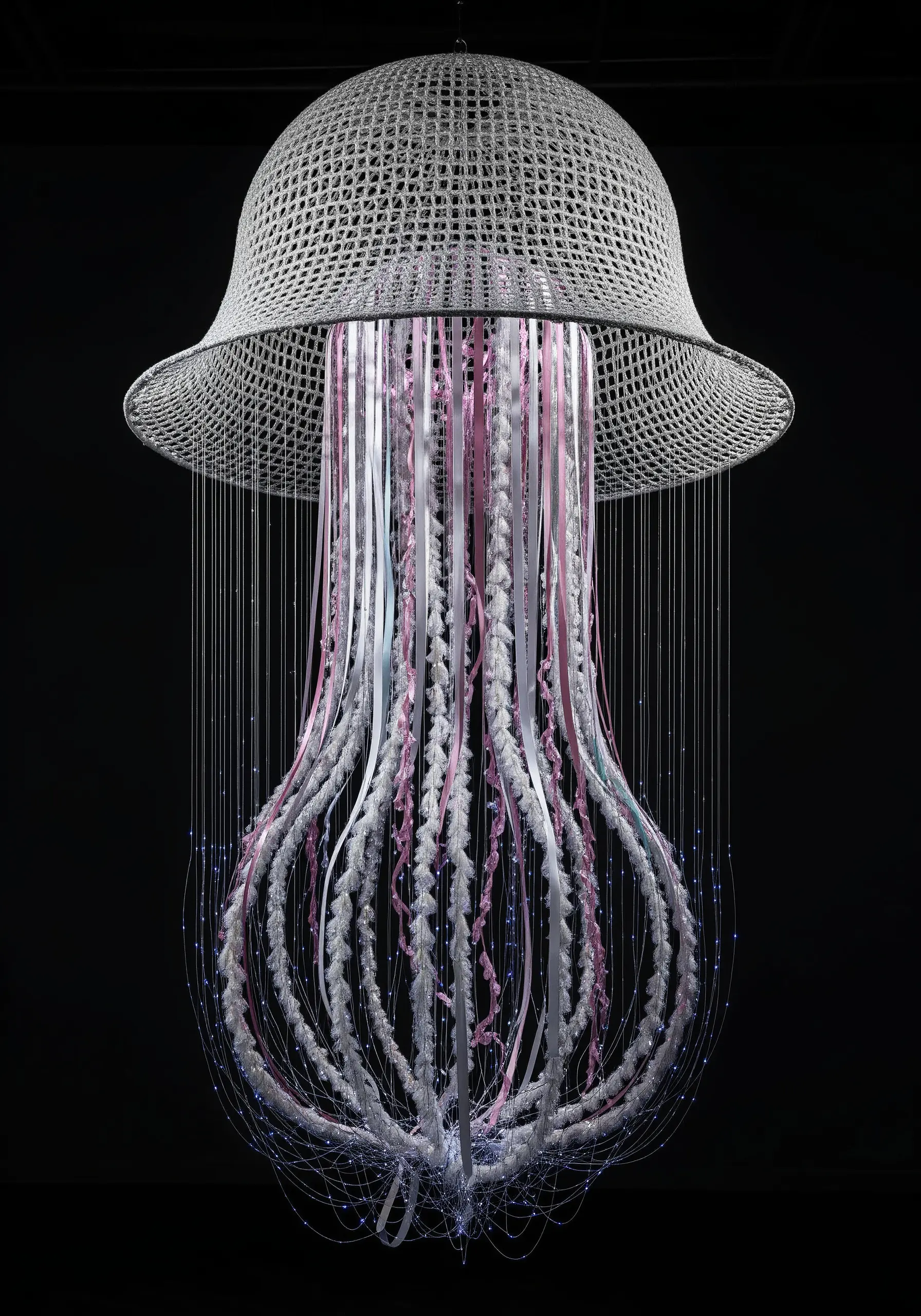 A jellyfish sculpture with a woven cap and tentacles made of hanging ribbons and yarns.