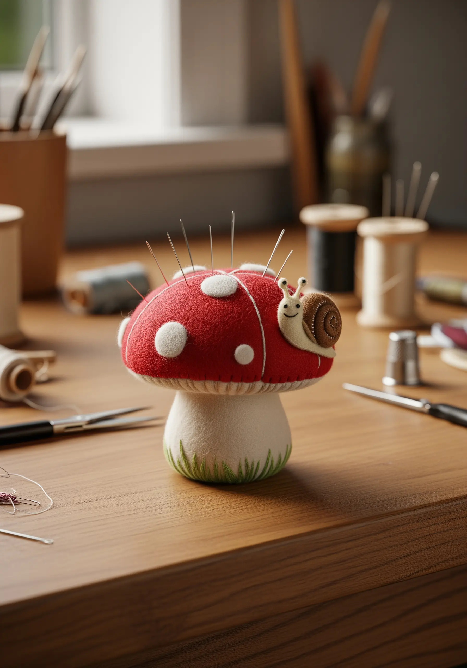 A 3D felt mushroom pincushion with white felt spots and a tiny felt snail.