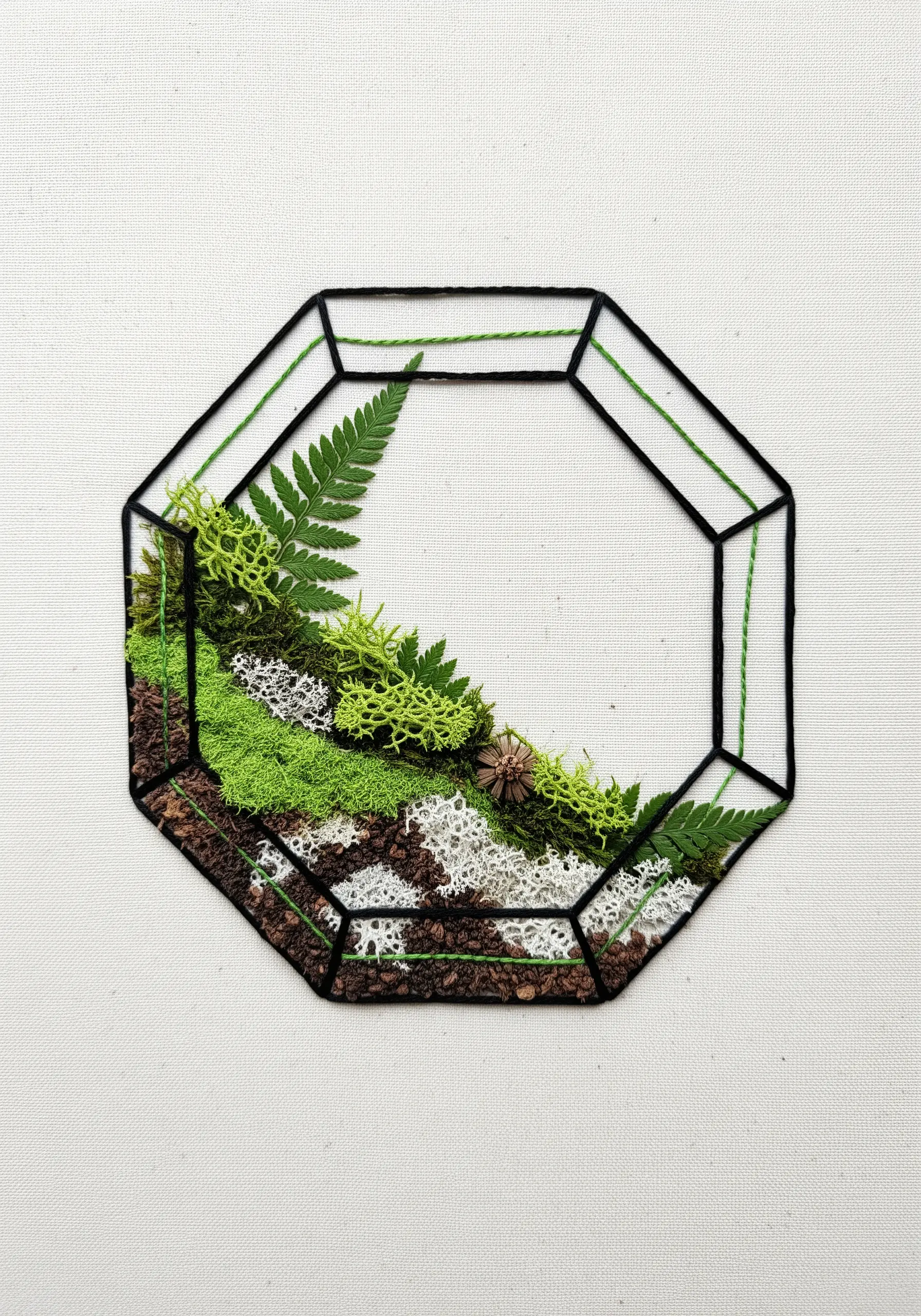 An embroidered geometric terrarium outline filled with real moss, lichen, and a tiny fern.