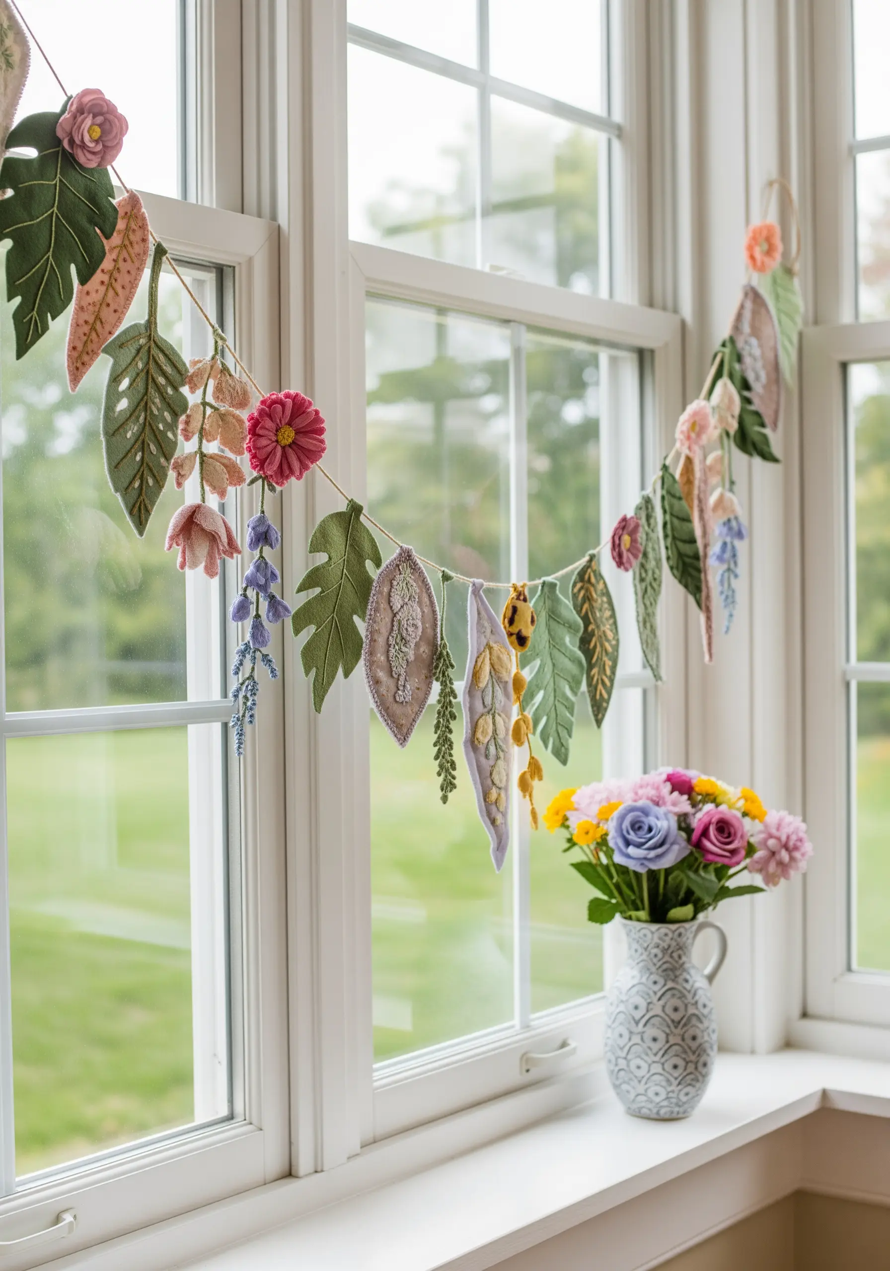 A whimsical garland made from 3D felt leaves and flowers.