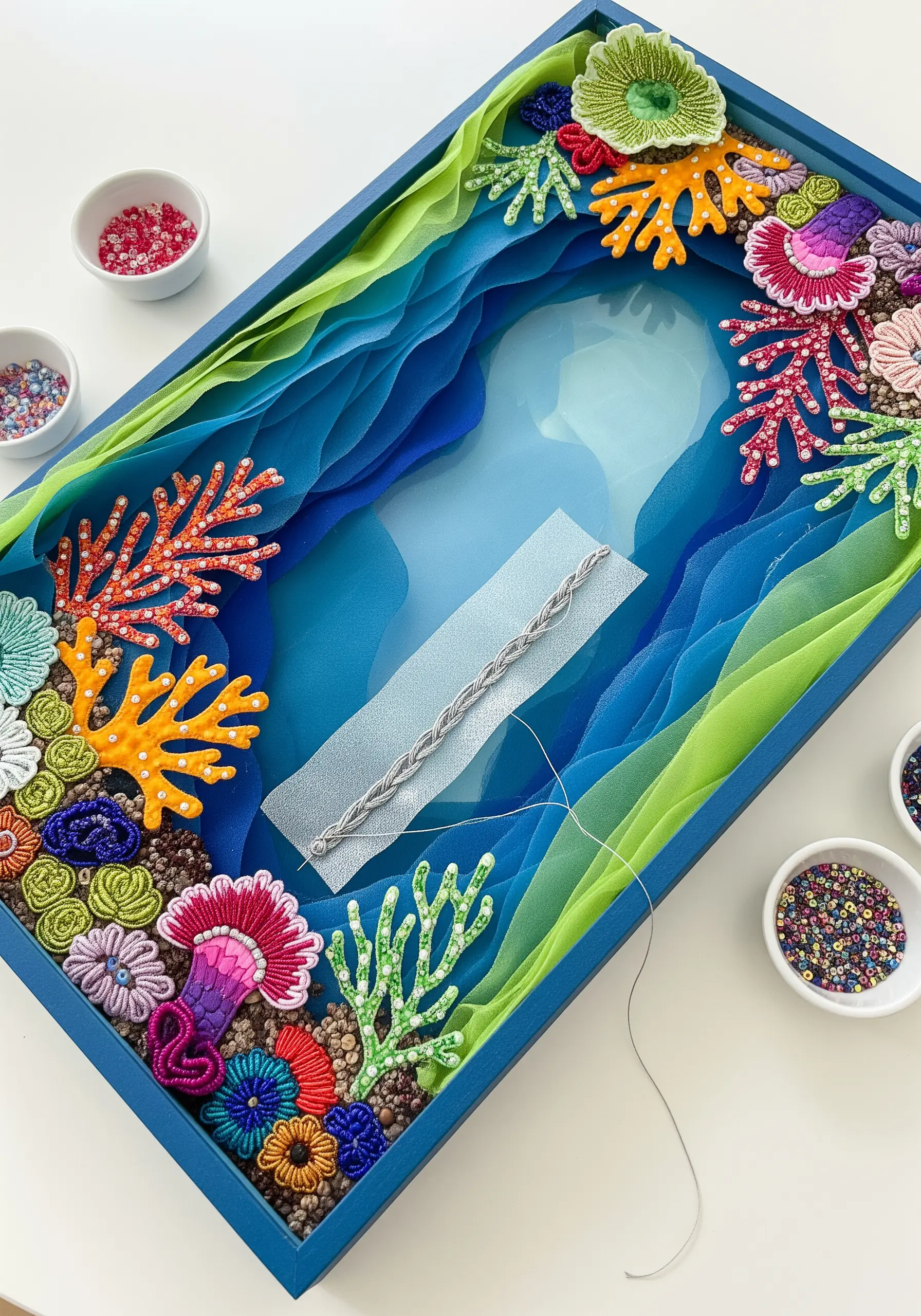 A shadow box containing a 3D coral reef made with layered sheer fabrics, beads, and embroidery.