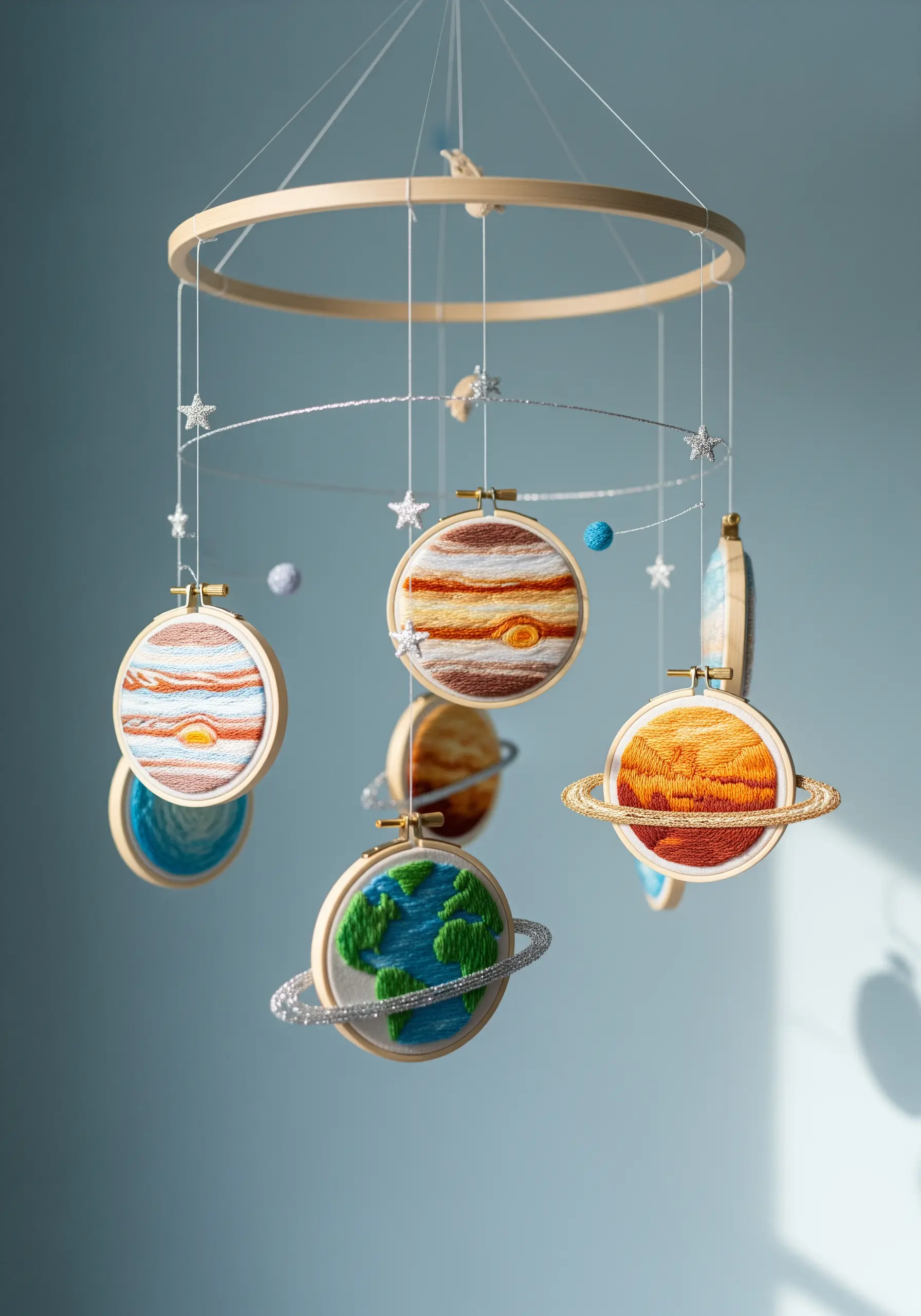 A handmade mobile featuring small embroidered planets hanging from a large hoop.