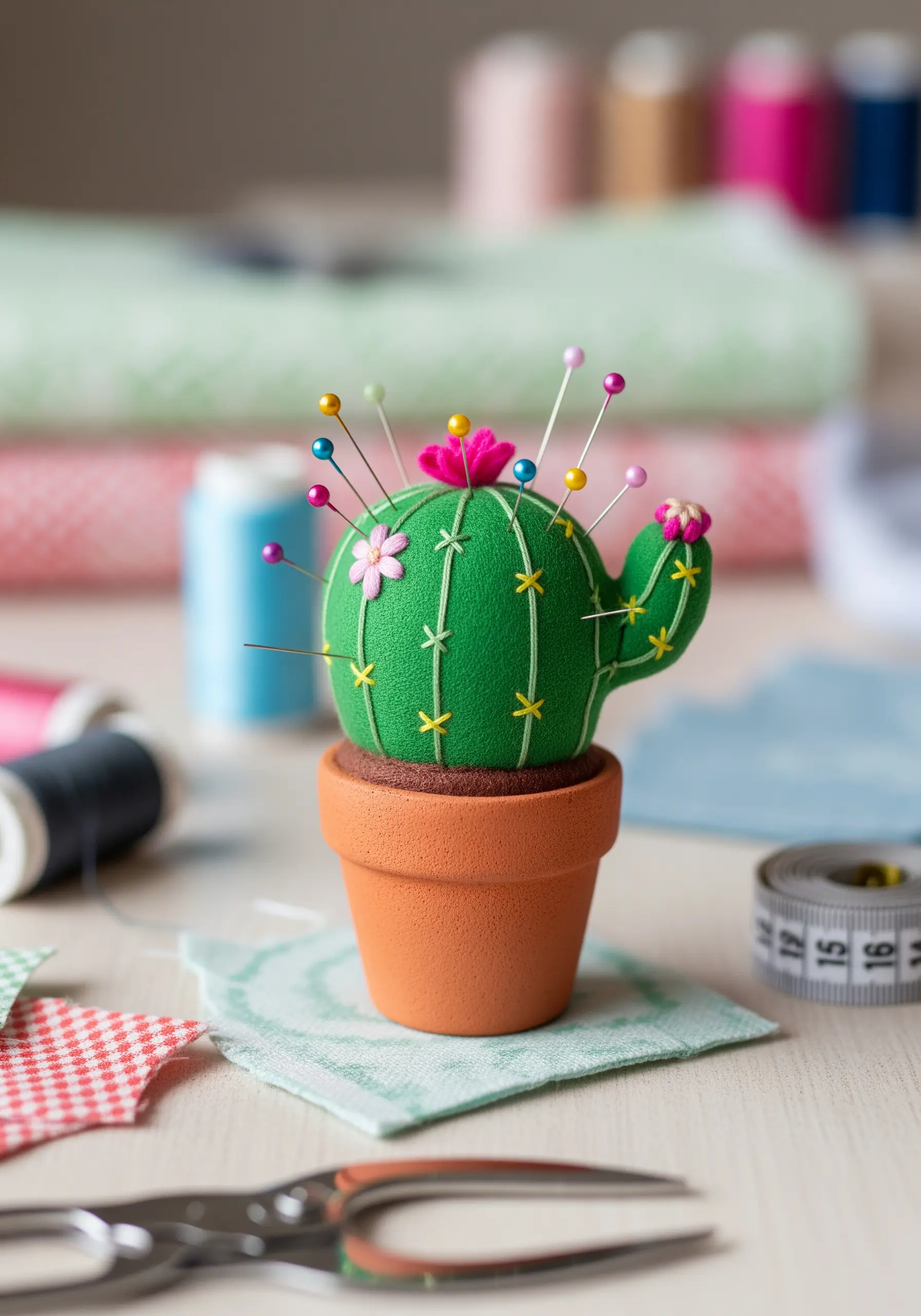 A 3D cactus-shaped pincushion in a small terracotta pot, decorated with pins.