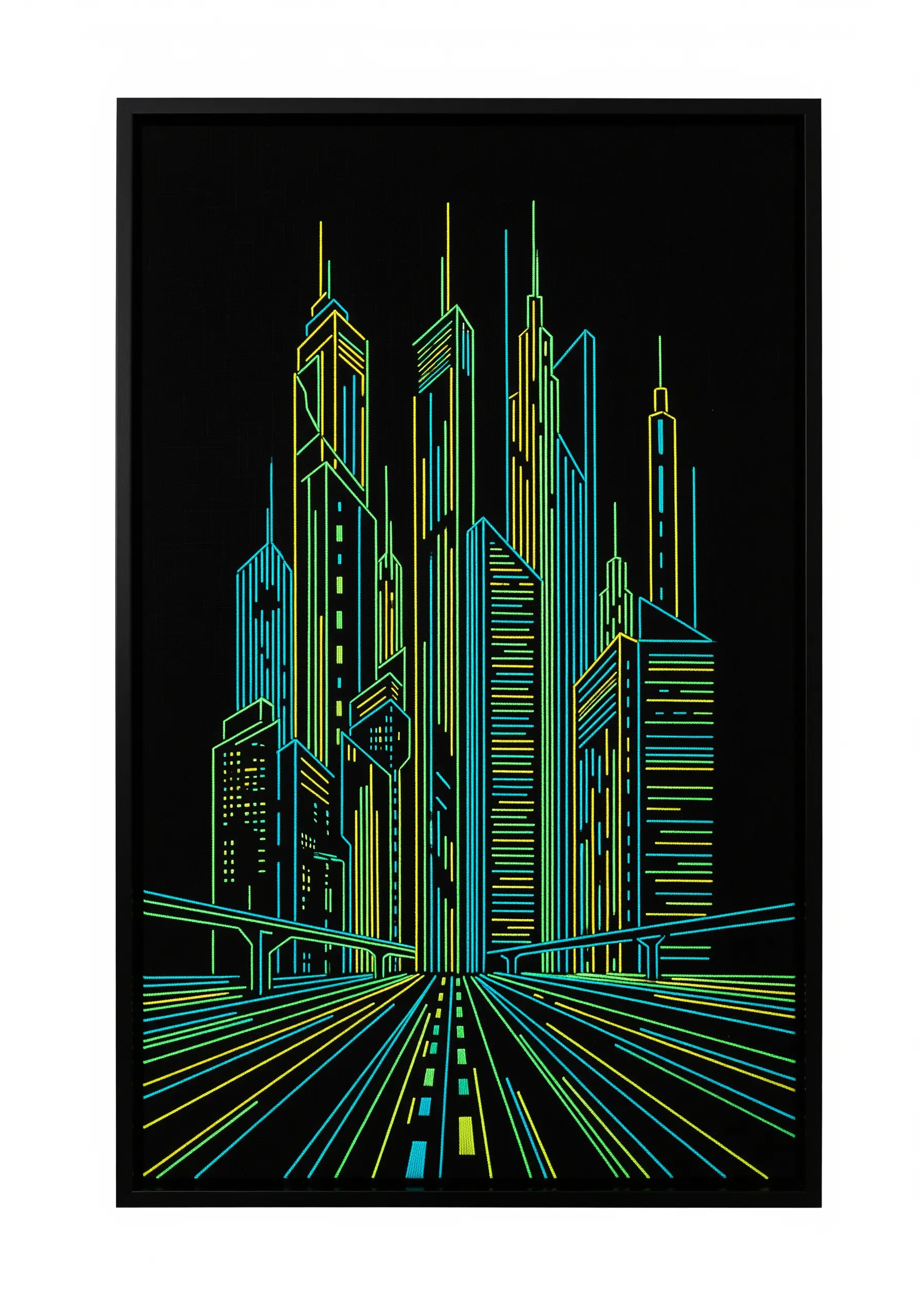 A neon cityscape outlined in yellow, green, and blue threads on black fabric.