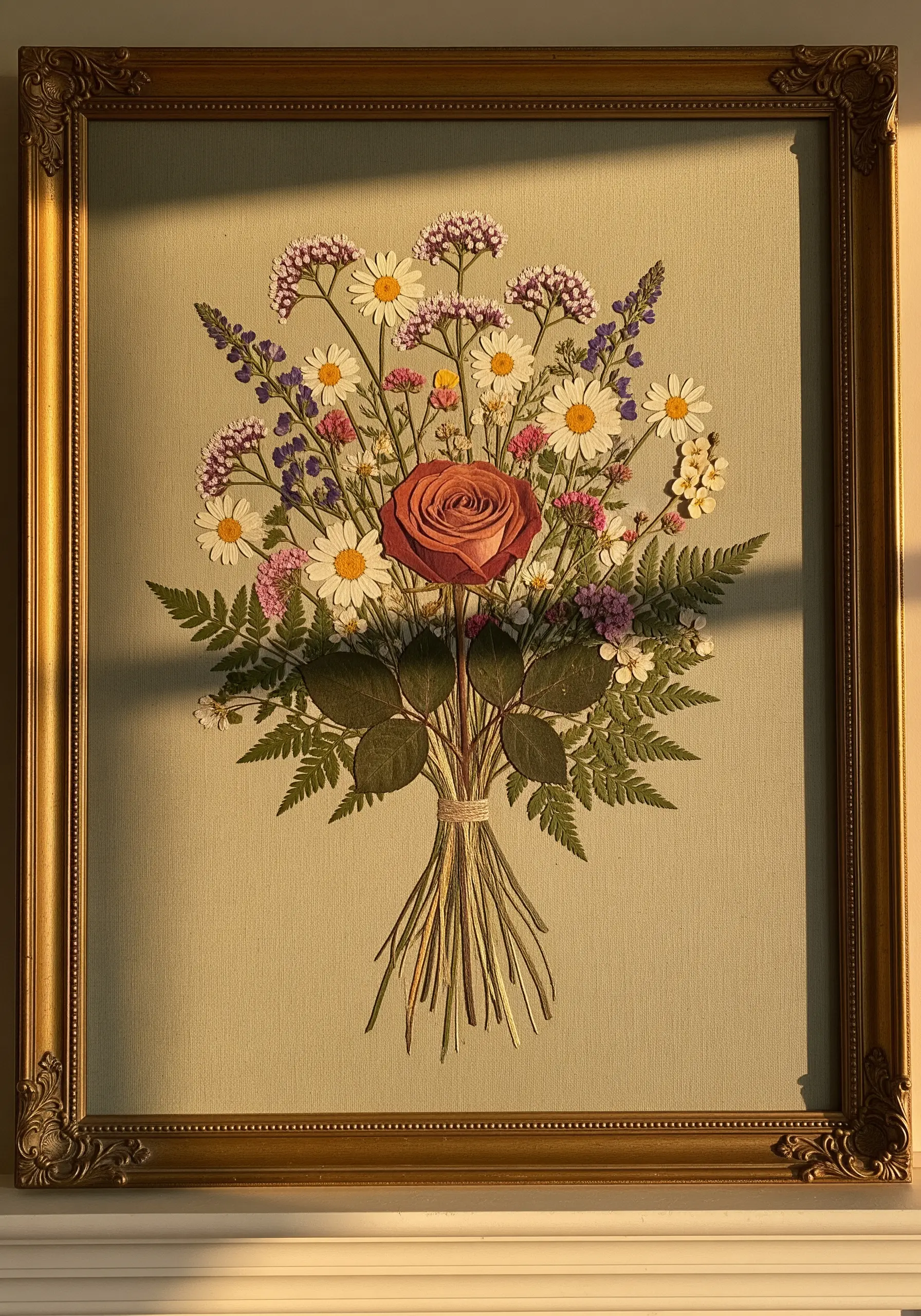 A framed pressed flower bouquet featuring a rose, daisies, and ferns, with stitched stems.