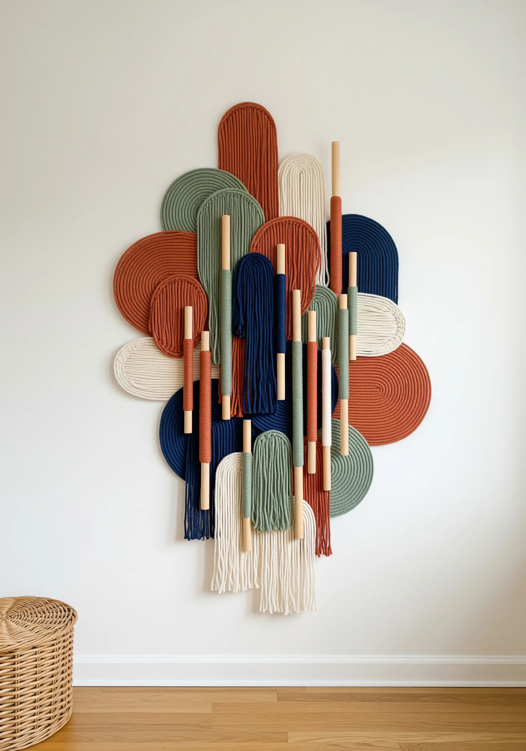 A layered wall sculpture made of yarn-wrapped shapes in earthy tones and wooden dowels.