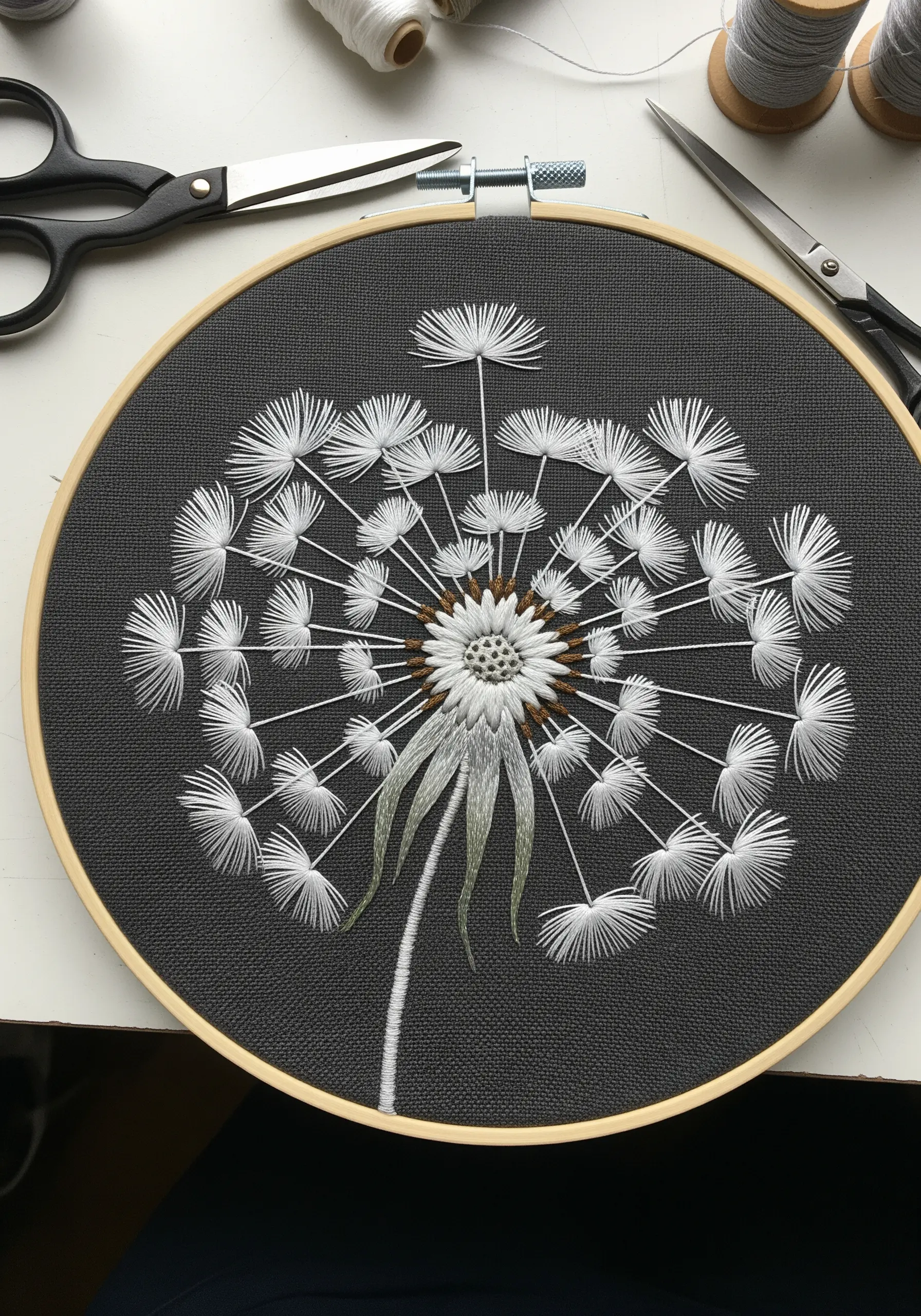 A dandelion seed head embroidered in white thread on dark grey fabric, showing detailed fly stitches.