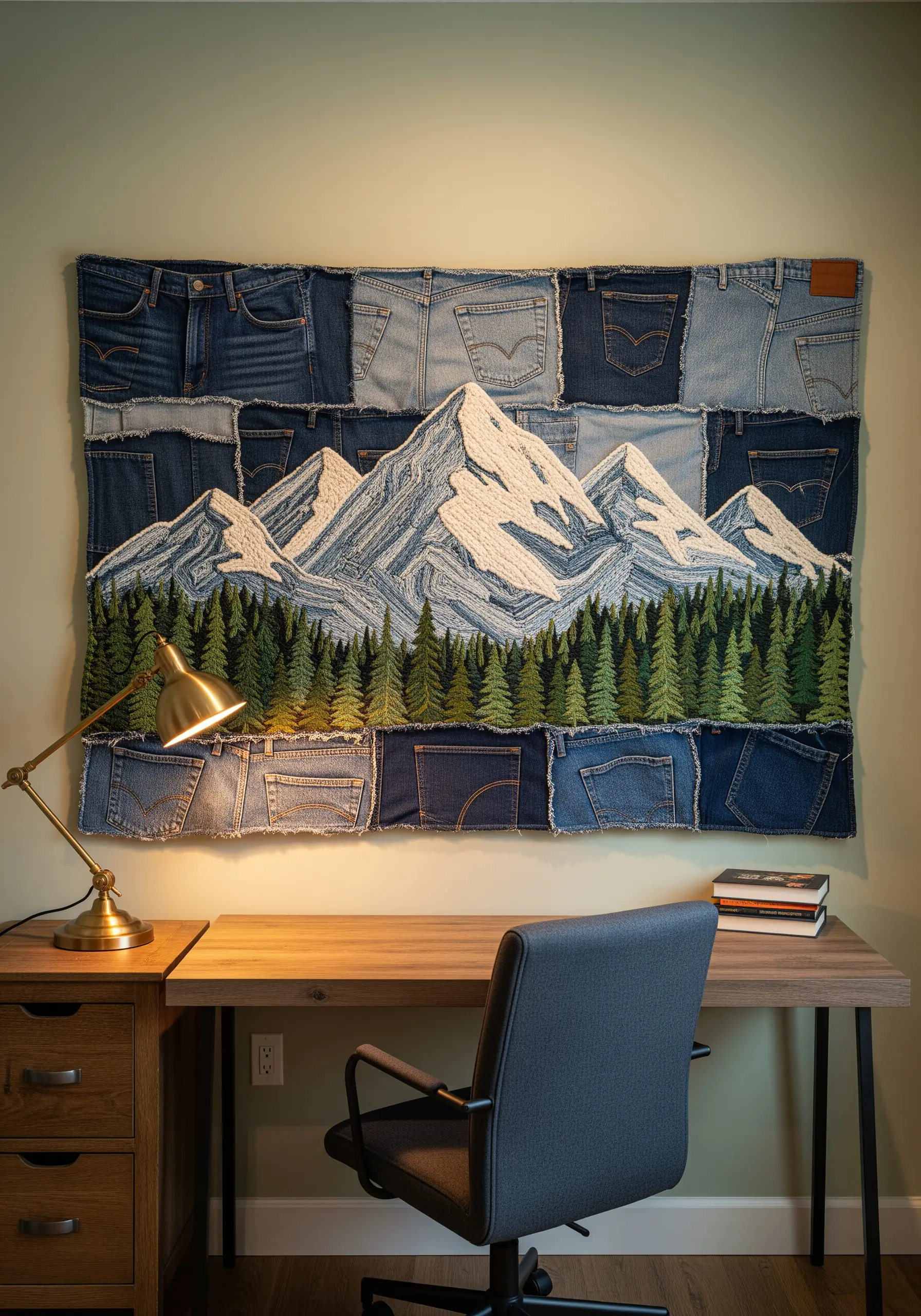 Embroidered mountain landscape on a patchwork quilt made from denim jeans pockets.