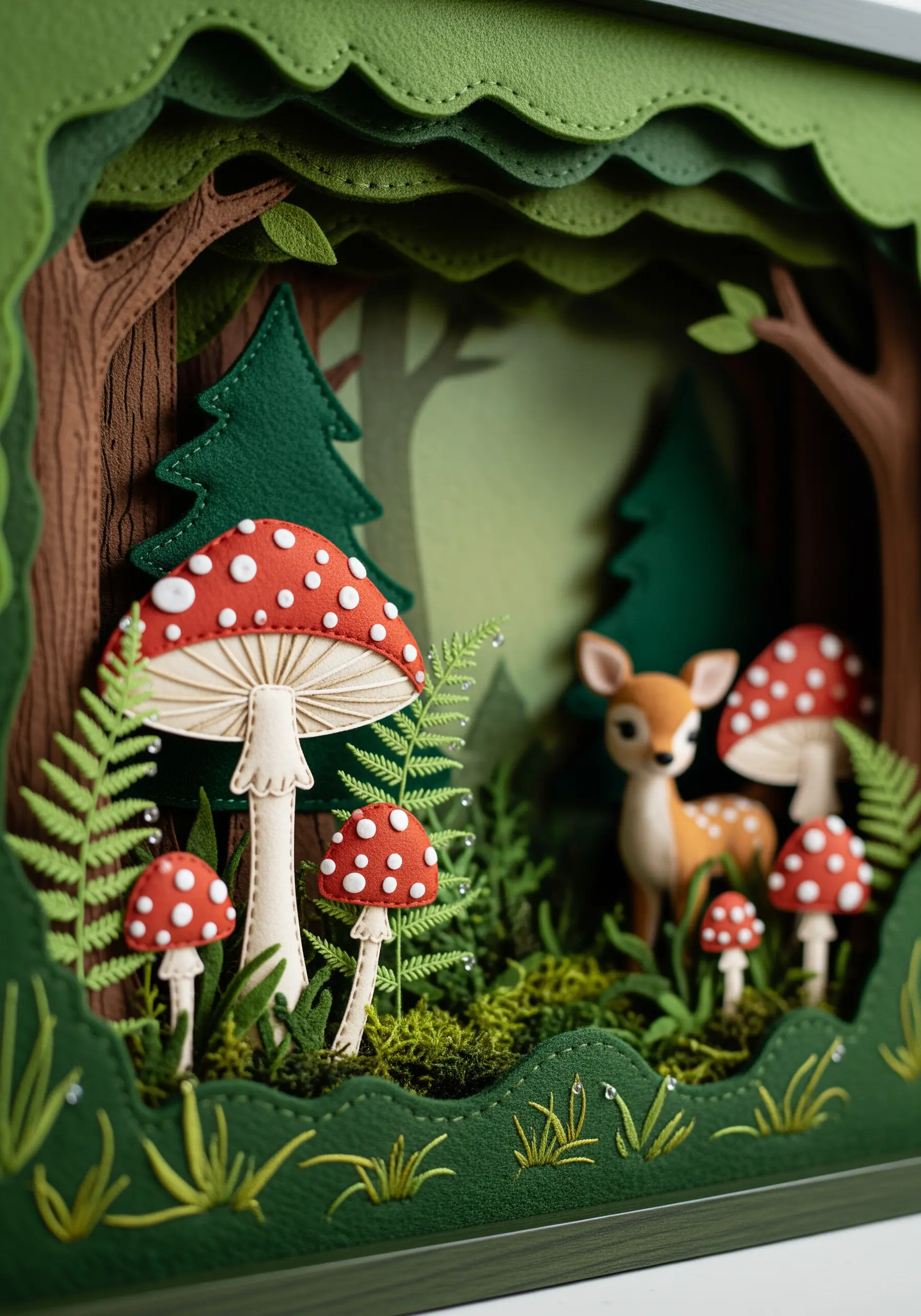 A 3D woodland scene in a shadow box made with layered felt, featuring embroidered details.