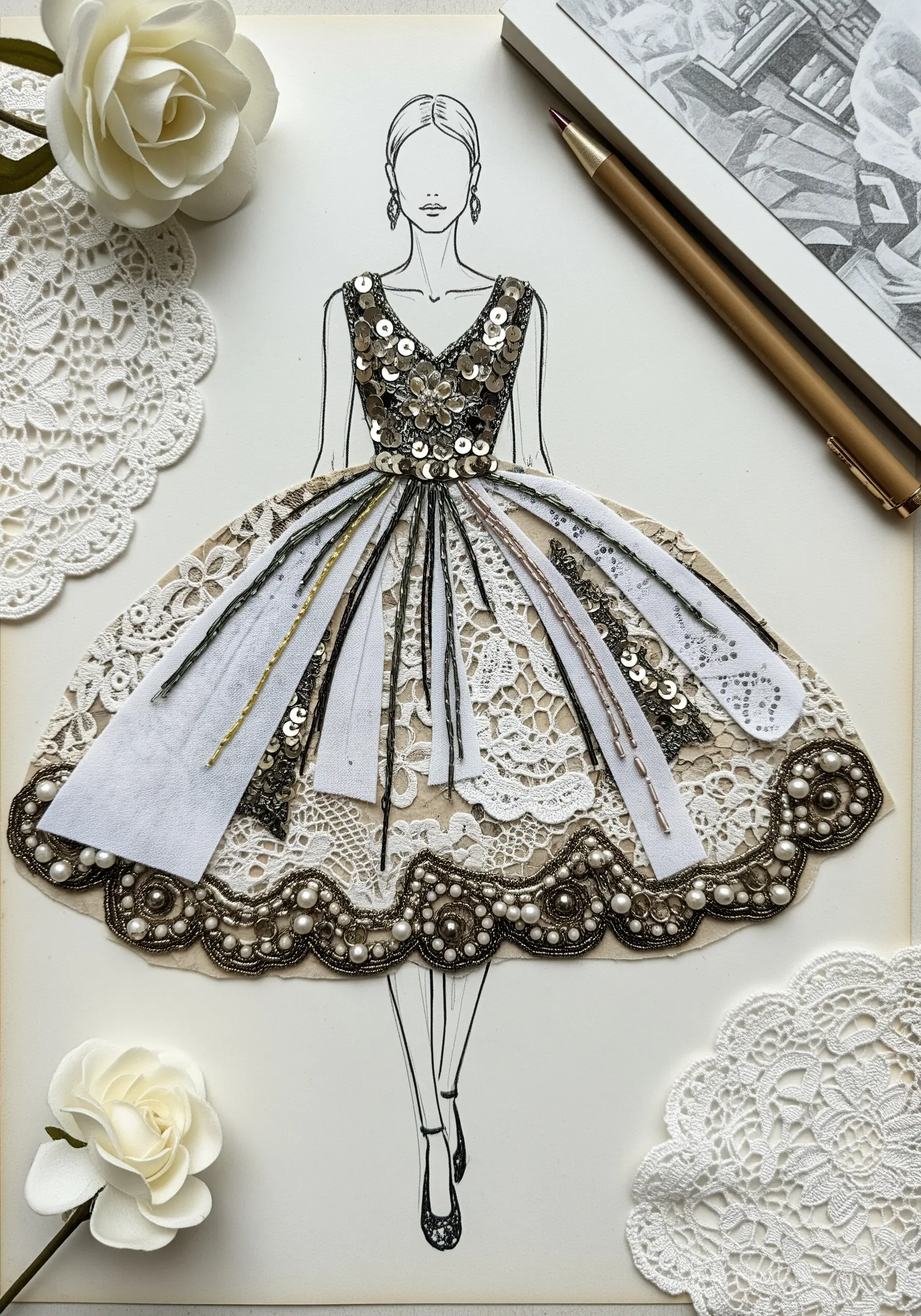 A fashion illustration where the dress is a collage of lace, fabric, sequins, and beads.