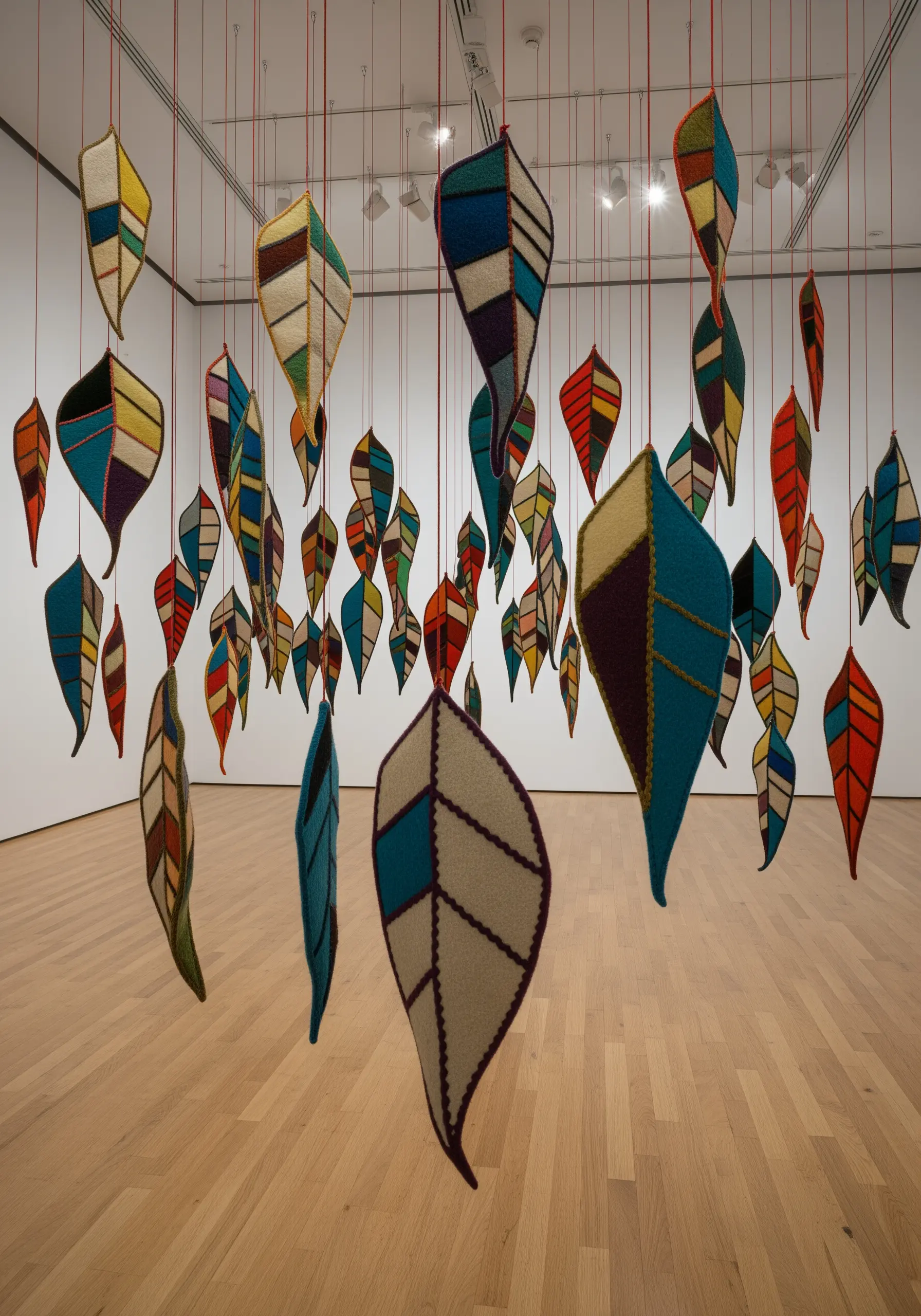 A mobile of colorful, geometrically patterned embroidered leaves hanging from the ceiling.