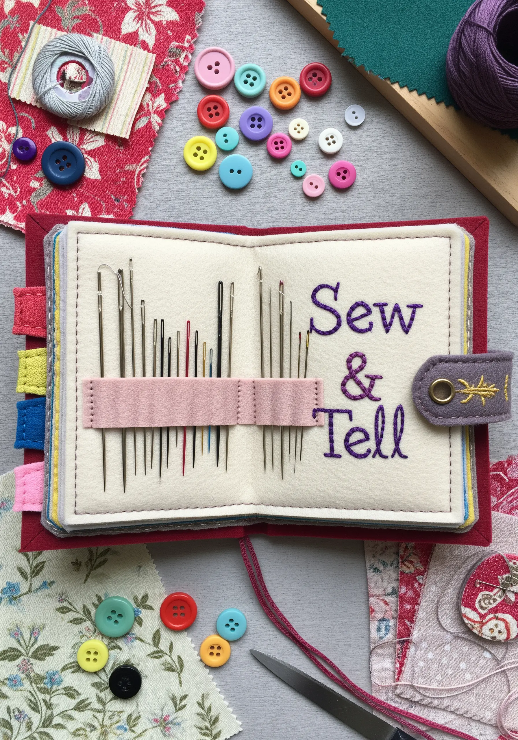 A handmade felt needle book with embroidered lettering reading 'Sew & Tell'