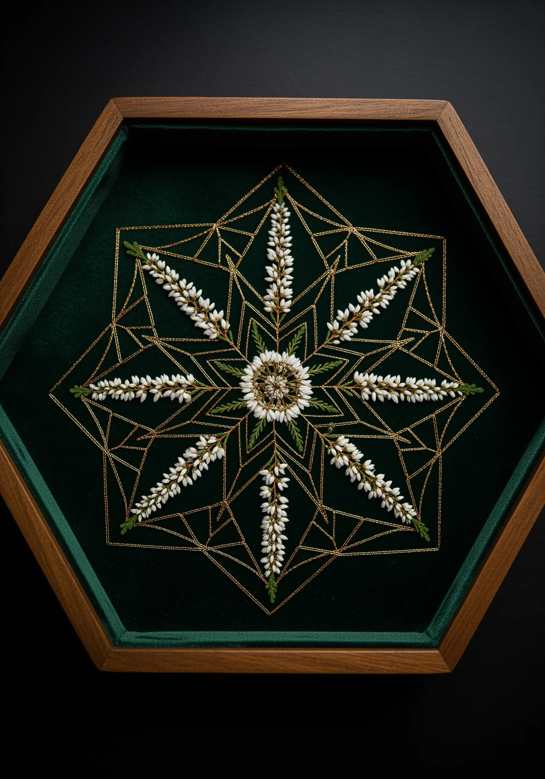 A geometric mandala stitched in gold thread on green velvet, with pressed white flowers.