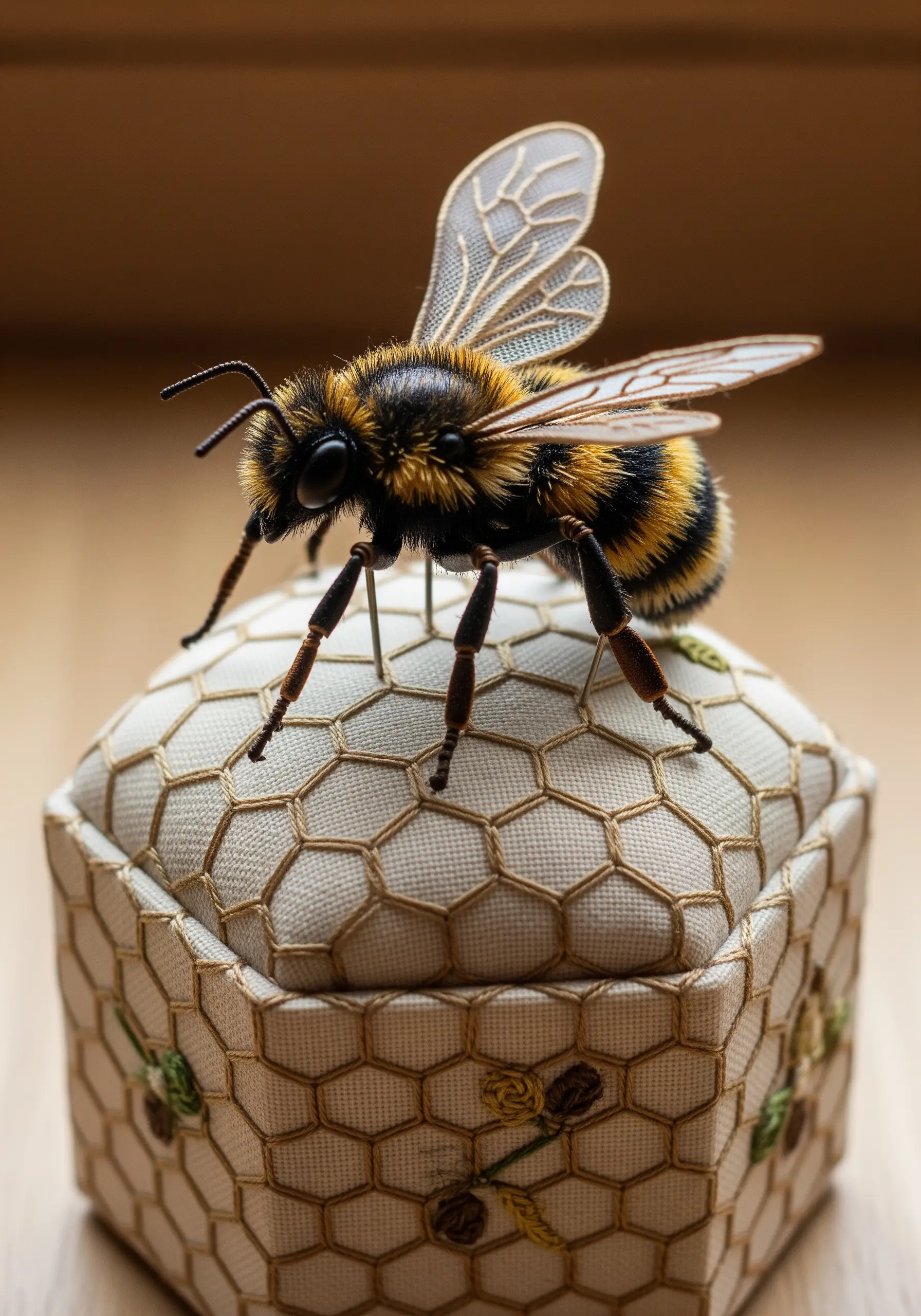 A hyper-realistic 3D stumpwork bee with fuzzy body and sheer wings on a honeycomb-stitched pincushion.