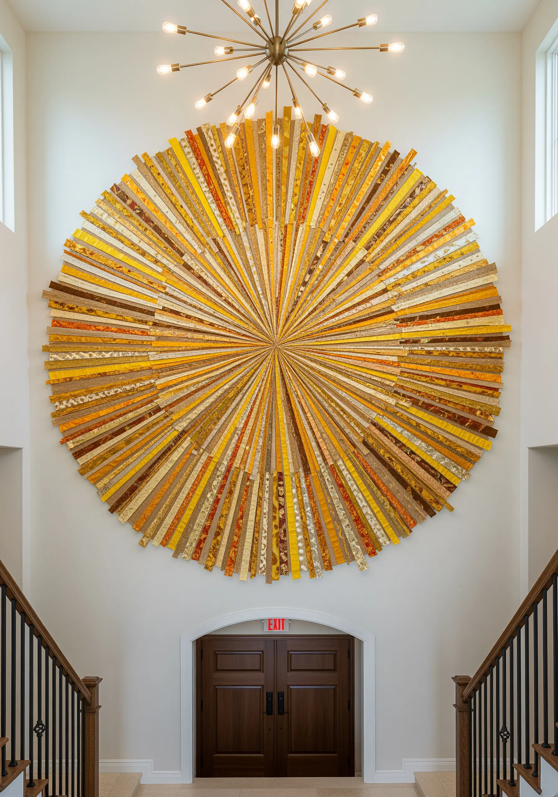 A massive, circular wall art installation made of radiating strips of gold, yellow, and brown fabric.