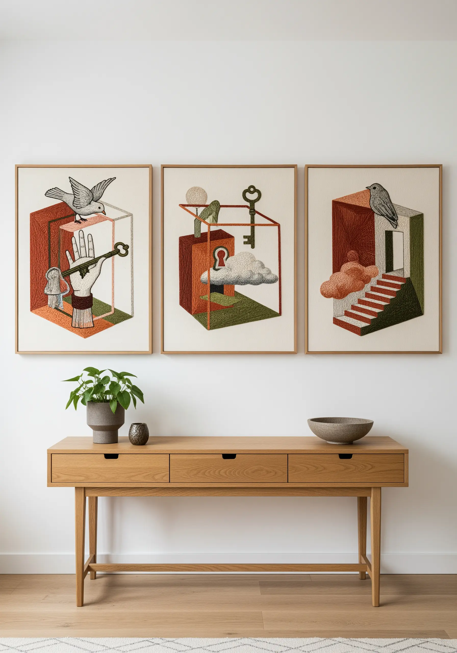 A triptych of surrealist embroidery art with birds, keys, and architectural boxes.