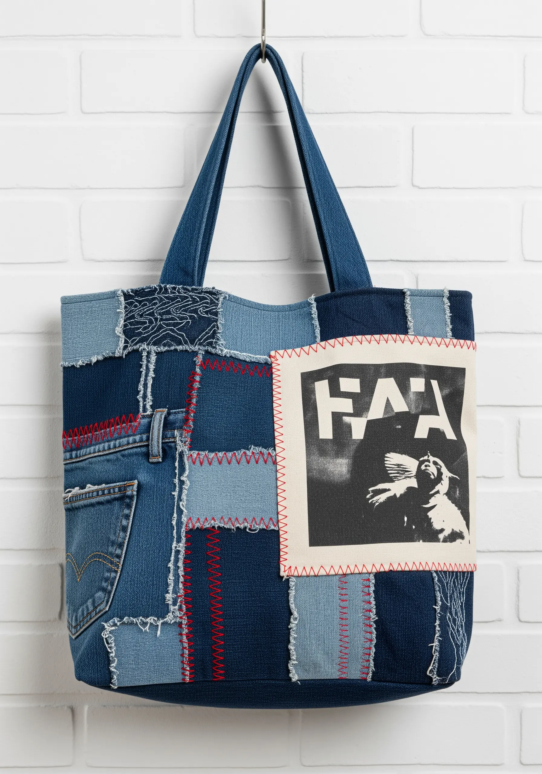 A patchwork denim tote bag constructed with visible red sashiko-style running stitches.