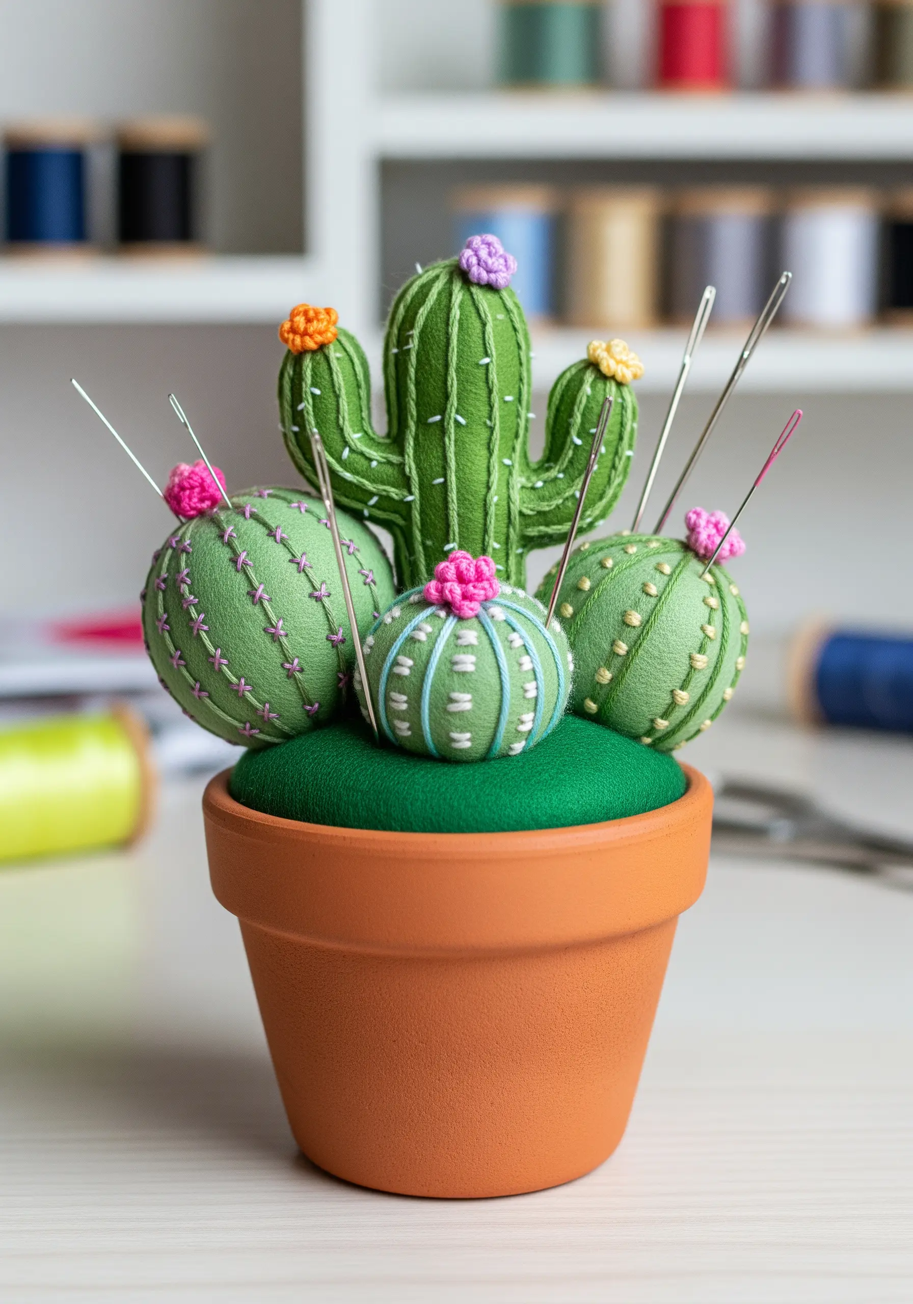 A 3D cactus pincushion made from green fabric with embroidered details, sitting in a terracotta pot.