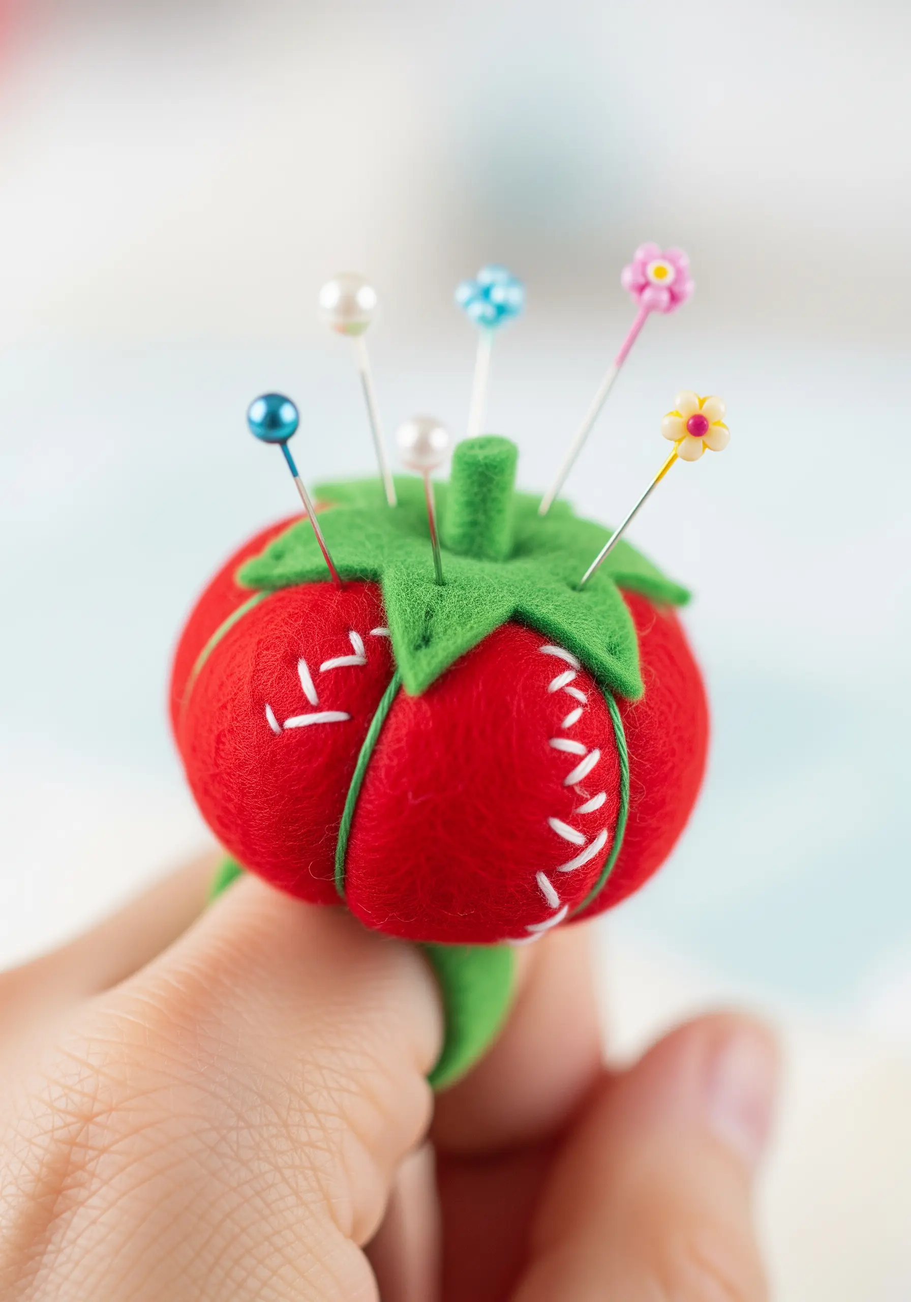 A hand wearing a small, ring-style pincushion shaped like a classic red tomato.