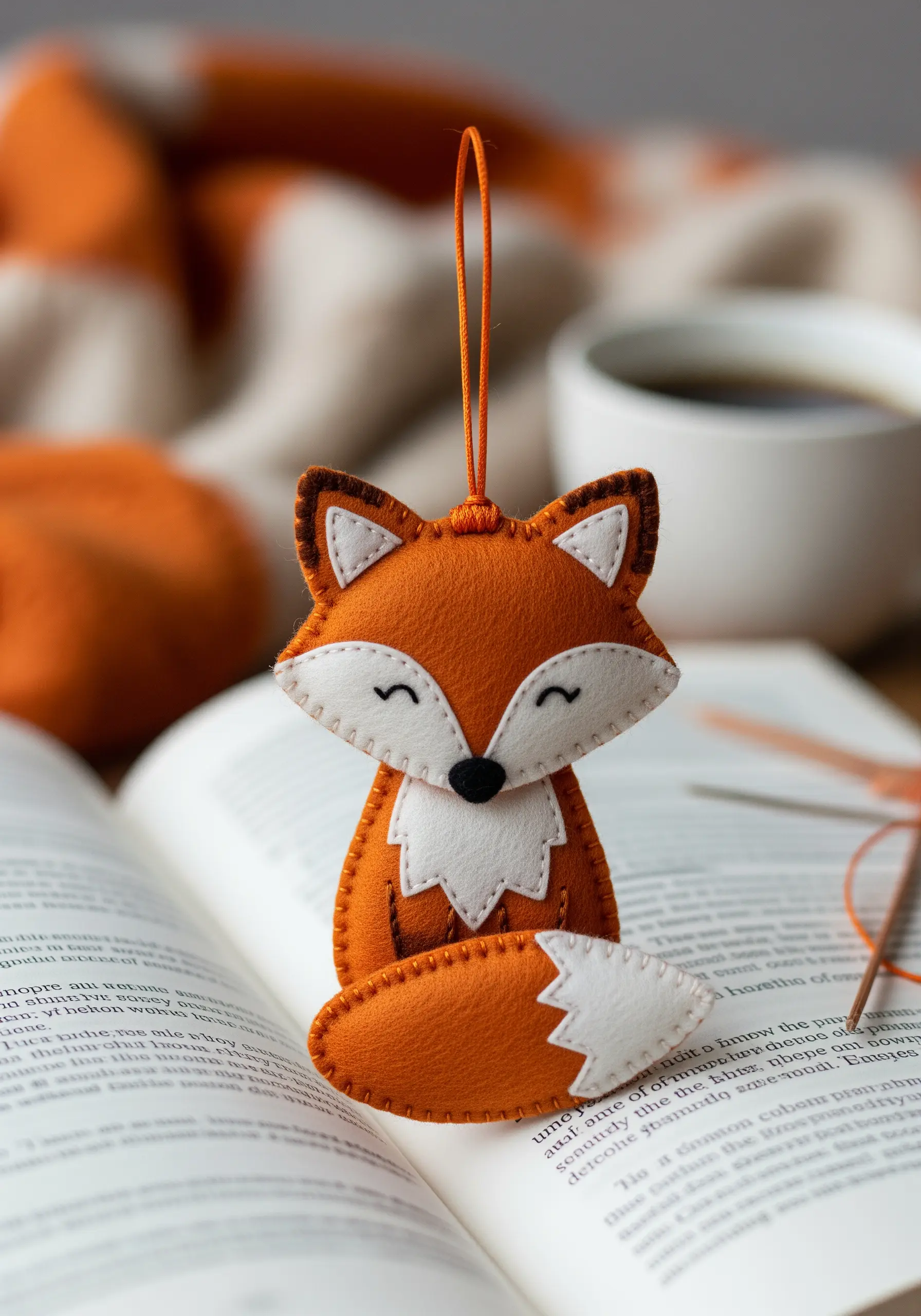 A neatly stitched felt fox ornament with blanket stitch edges sitting on a book