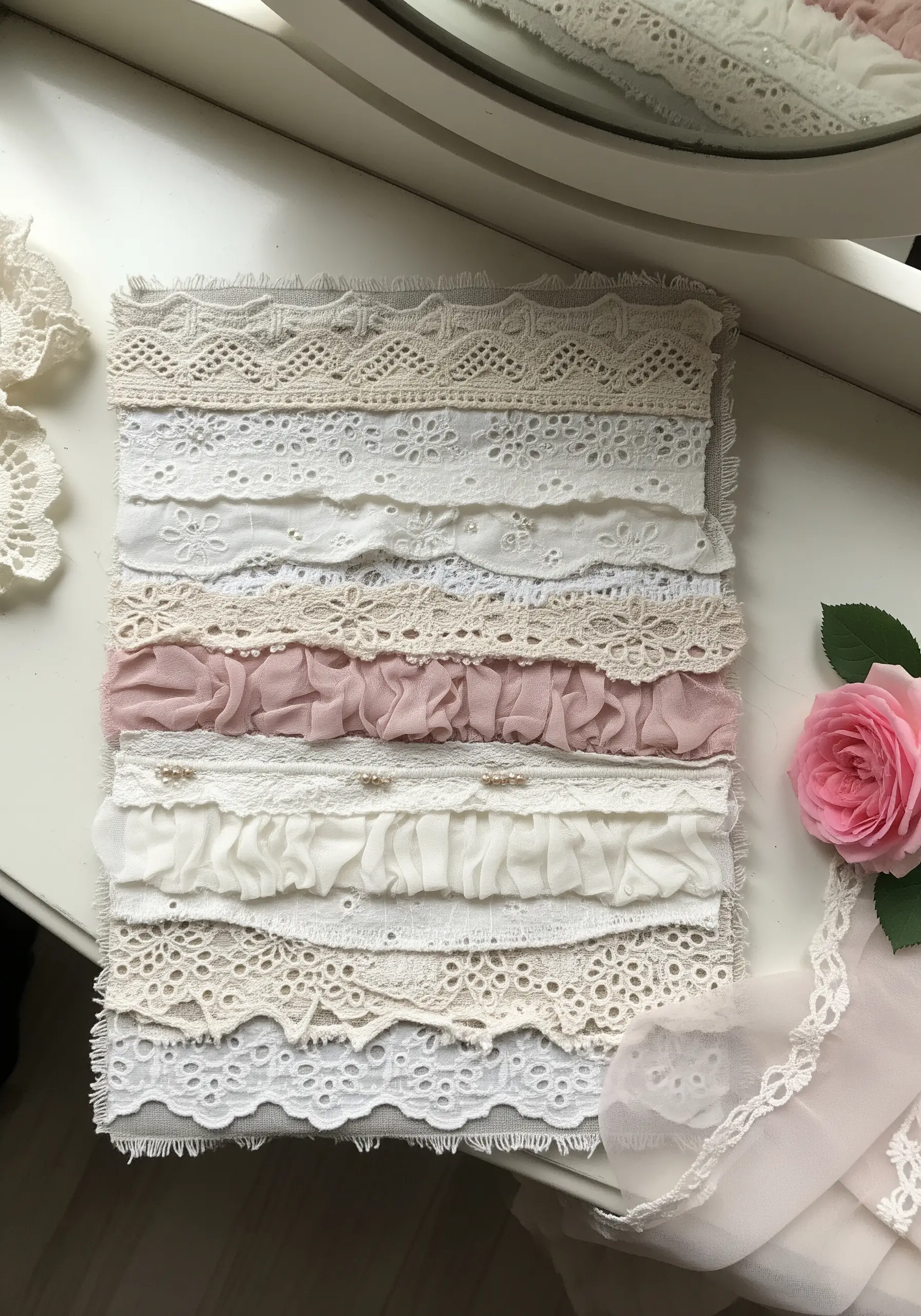 A romantic fabric collage made of layered strips of white and pink lace, ruffles, and eyelet fabric.