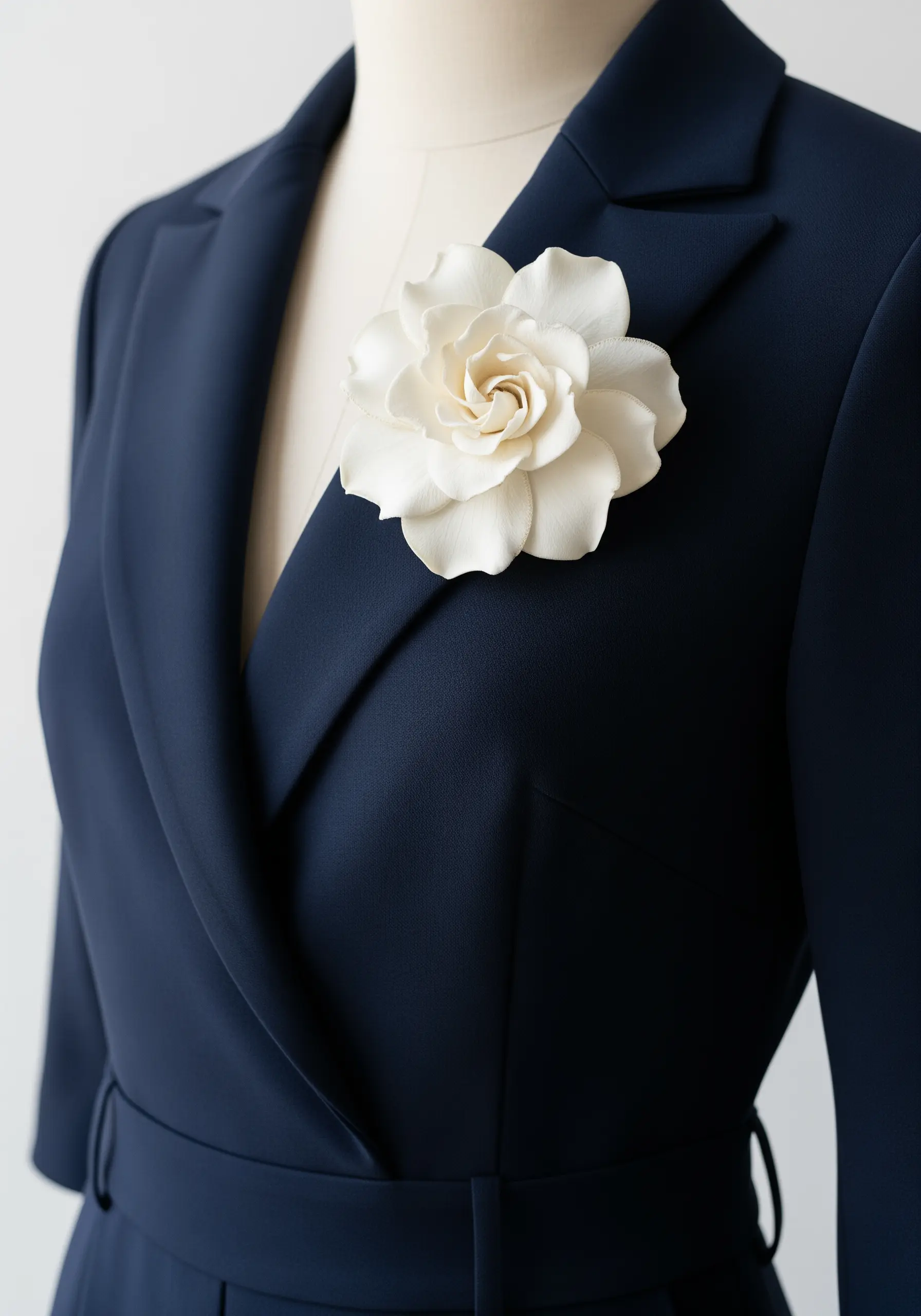 A structured, three-dimensional white gardenia brooch pinned to the lapel of a navy blue blazer.