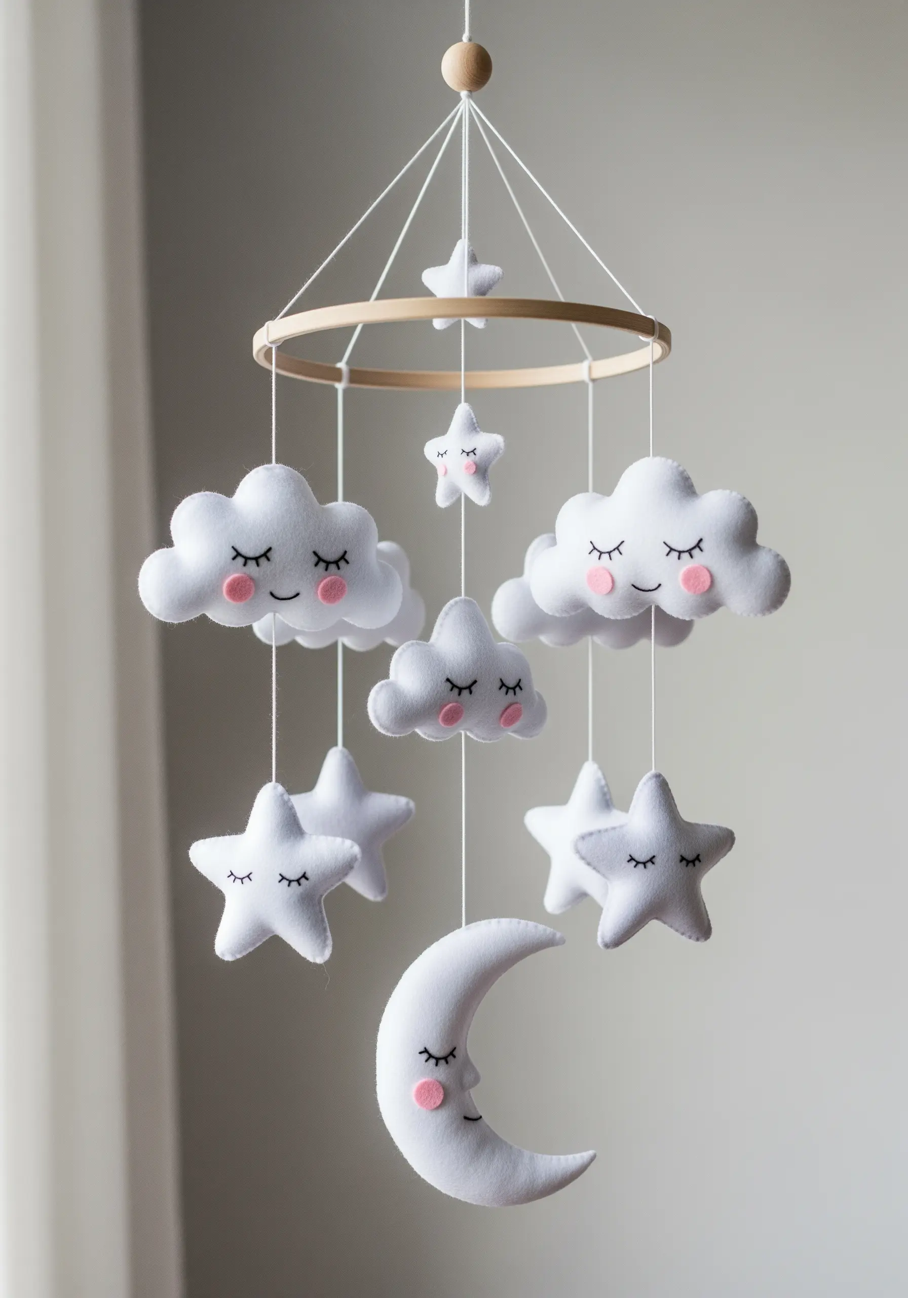 A handmade nursery mobile with soft, stitched felt clouds, stars, and a moon.