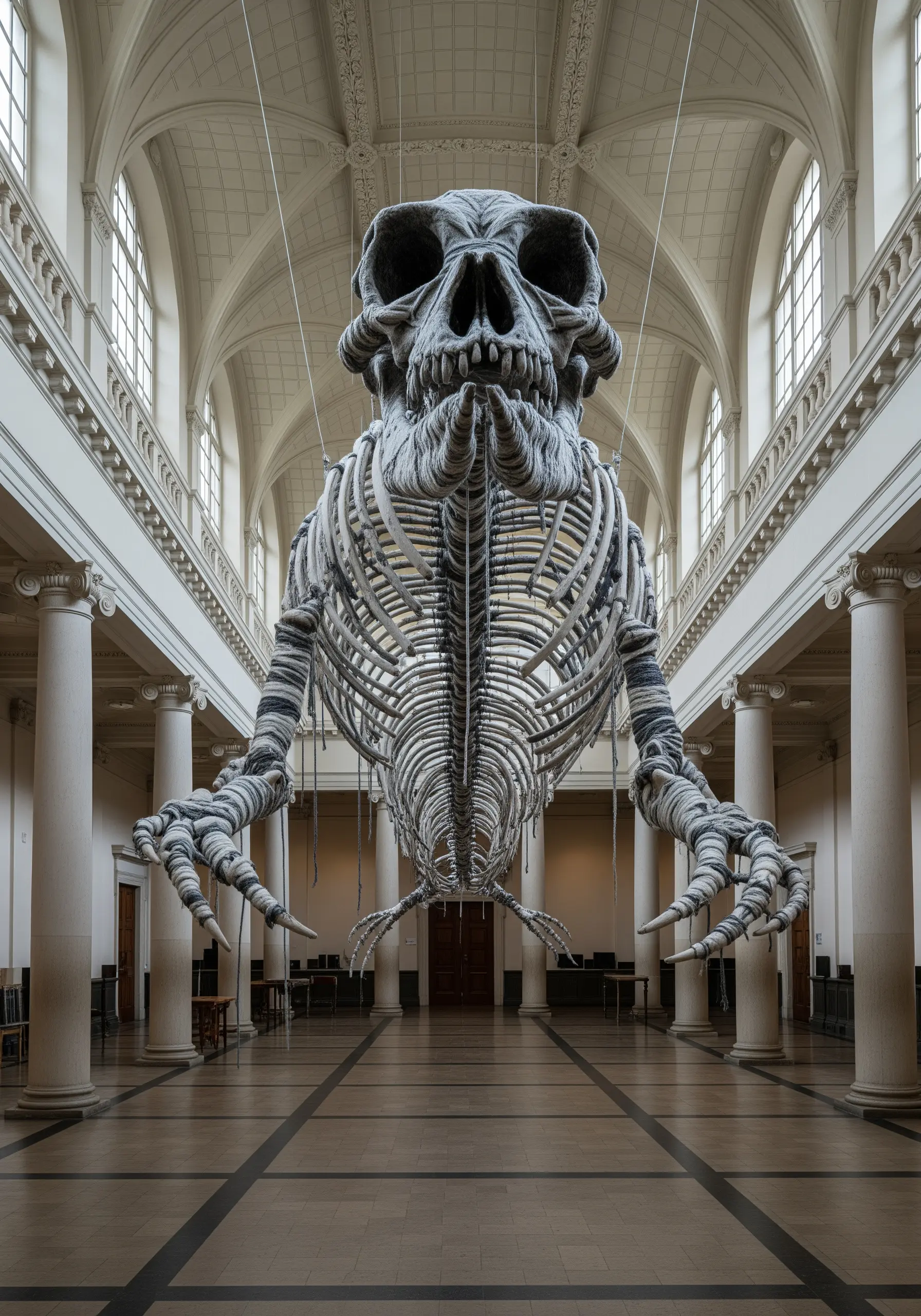 A gigantic, suspended skeleton sculpture made entirely of wrapped gray and white yarn.