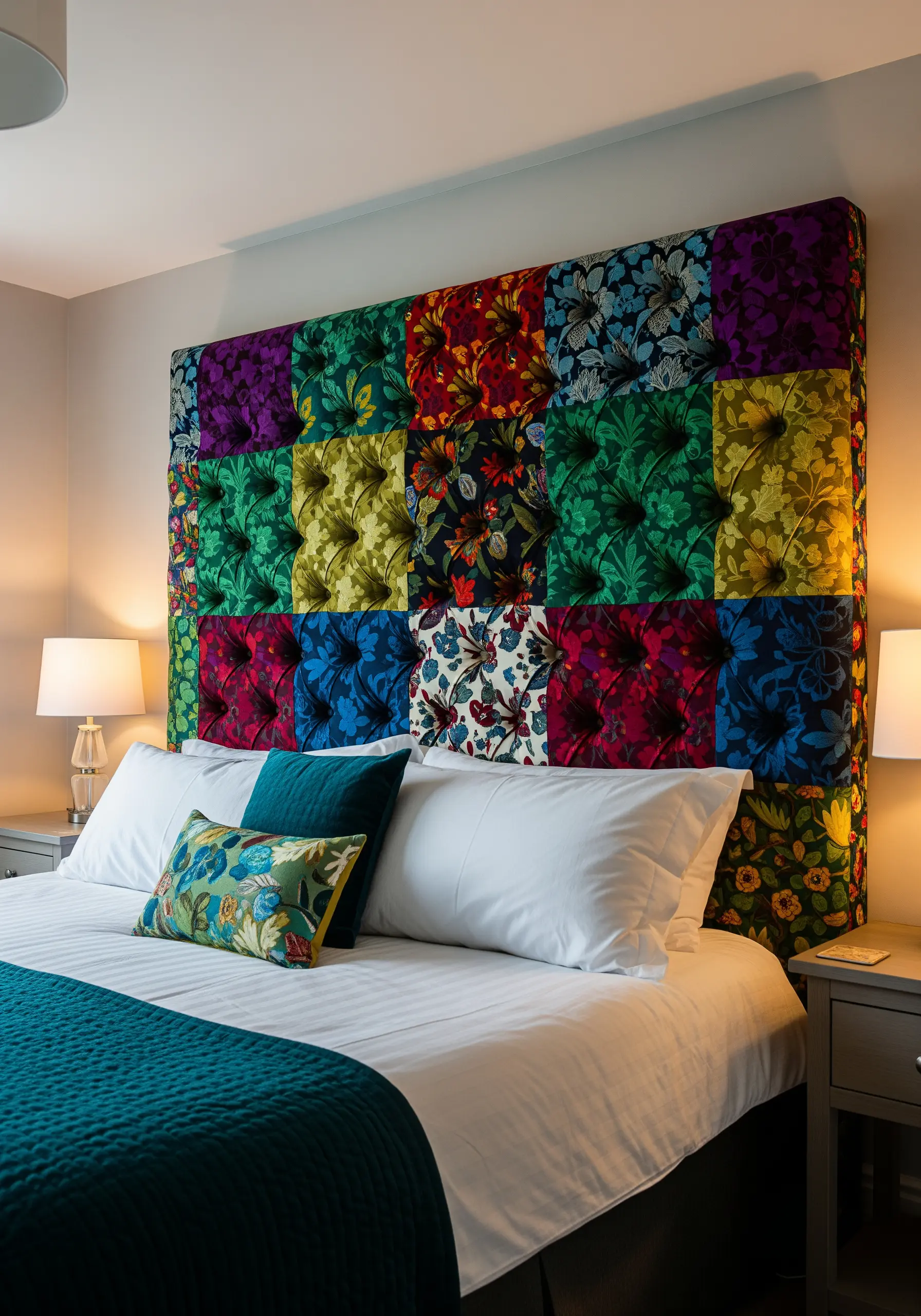 A colorful, tufted headboard made from a patchwork of floral and patterned fabric squares.