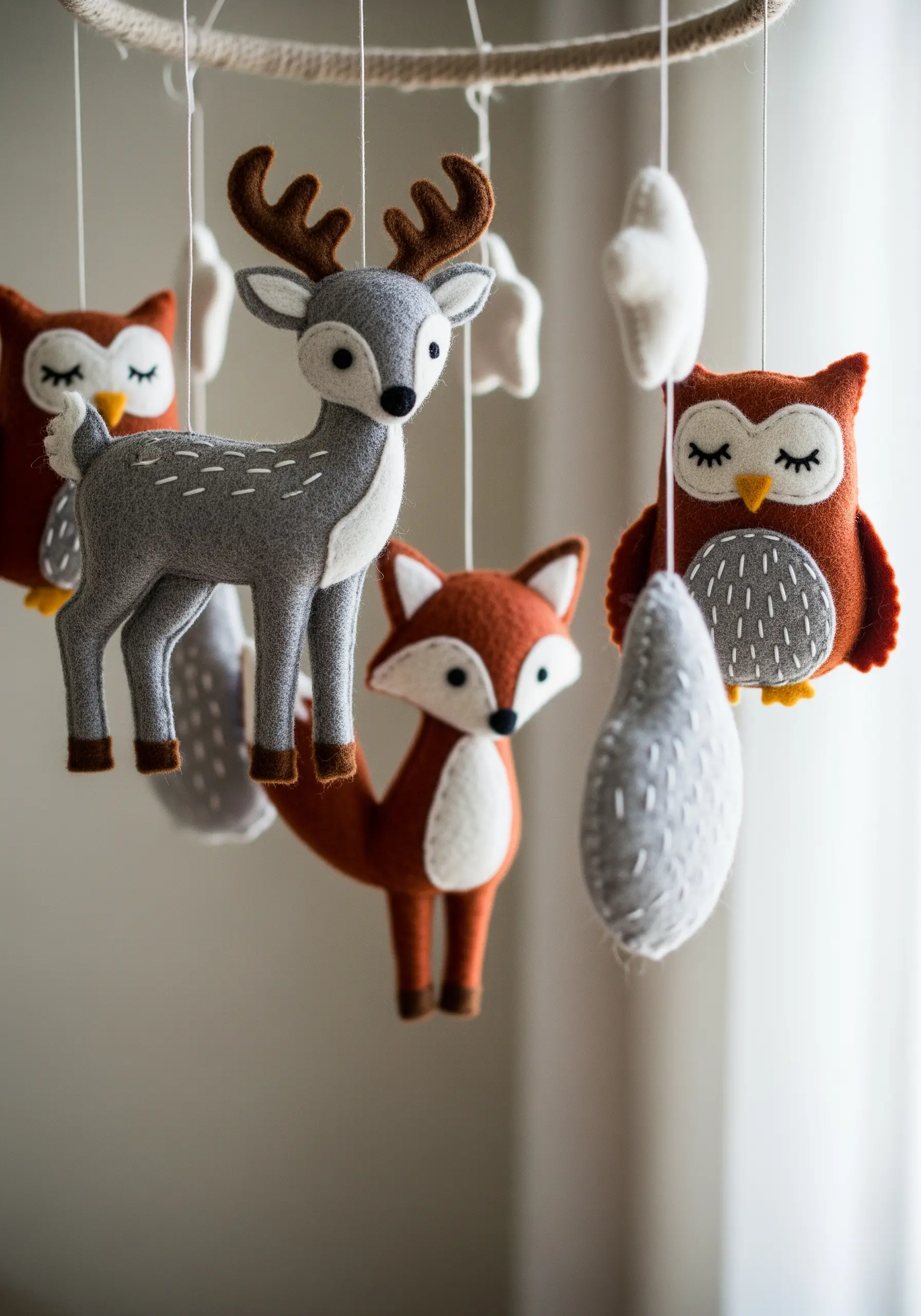 A baby mobile with hand-stitched felt animals like a deer, fox, and owls.
