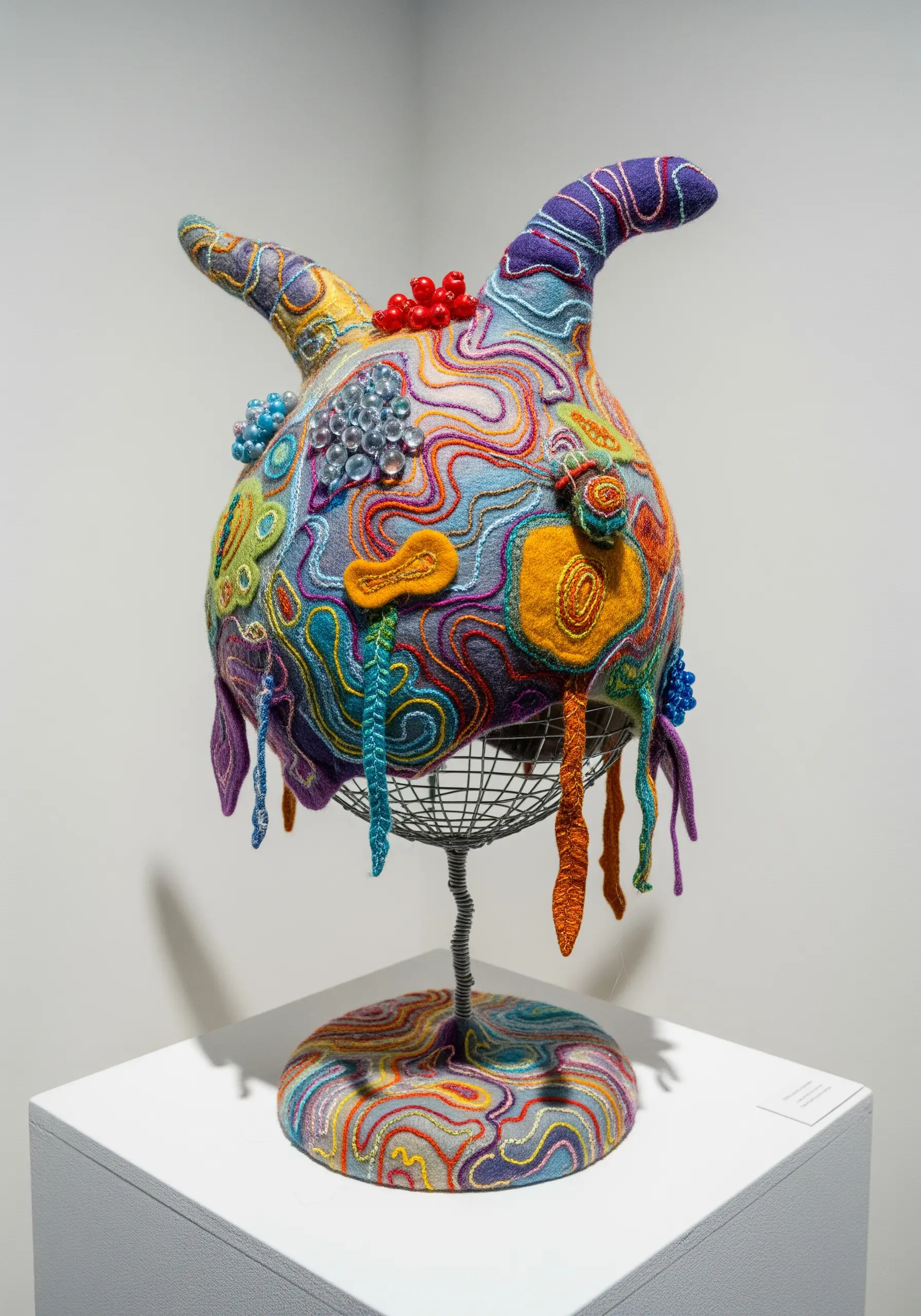 A colorful, abstract fiber sculpture with horns, beading, and swirling embroidered lines.