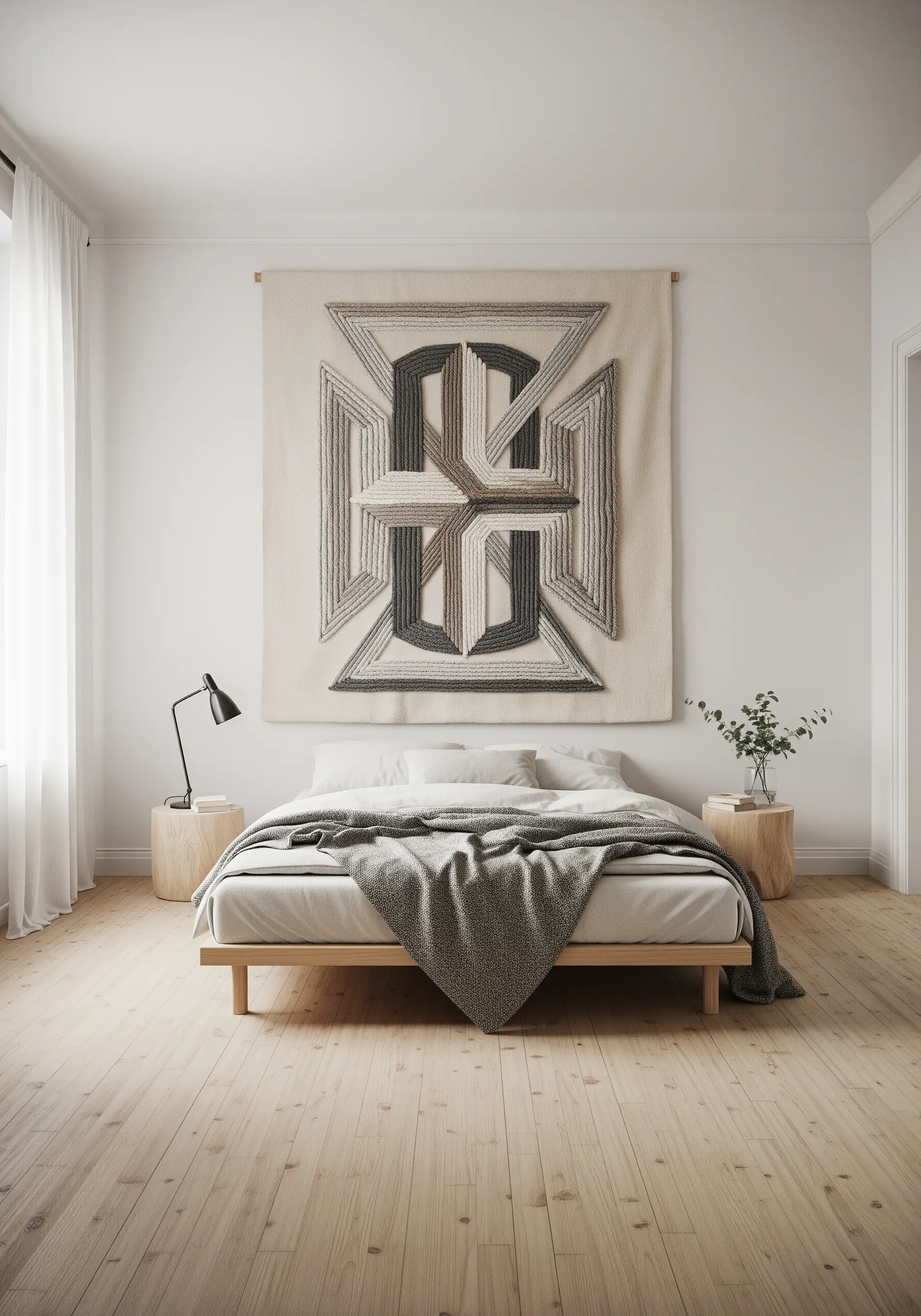A large, abstract geometric tapestry in neutral yarns hanging above a bed.