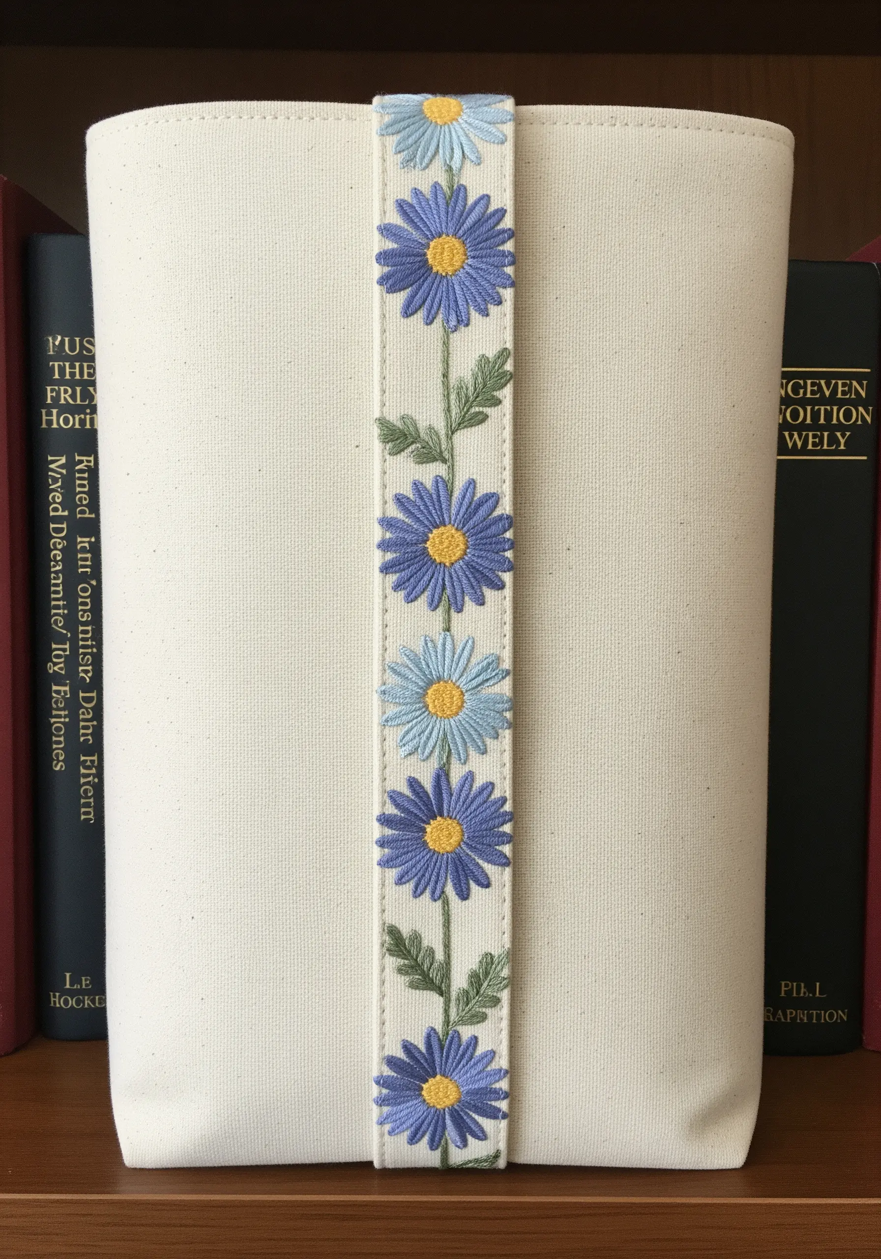 An embroidered band of blue daisies serves as a closure for a canvas book cover.