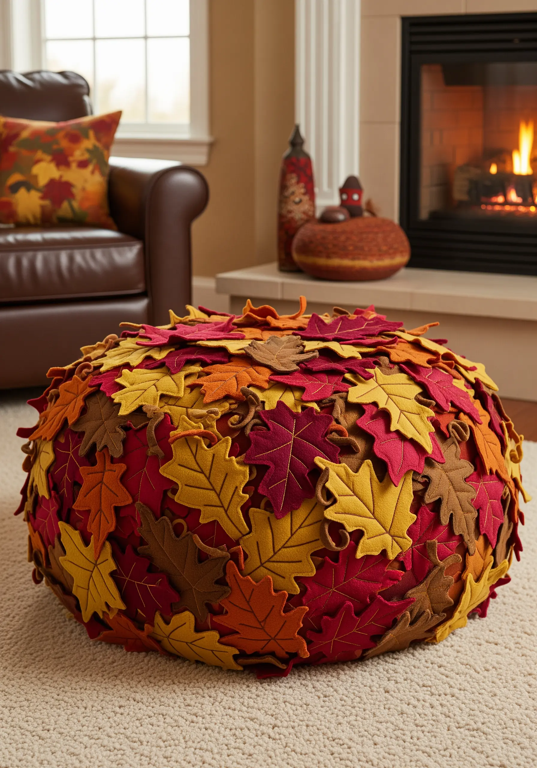 A round pouf completely covered in layered, embroidered felt leaves in autumn colors.