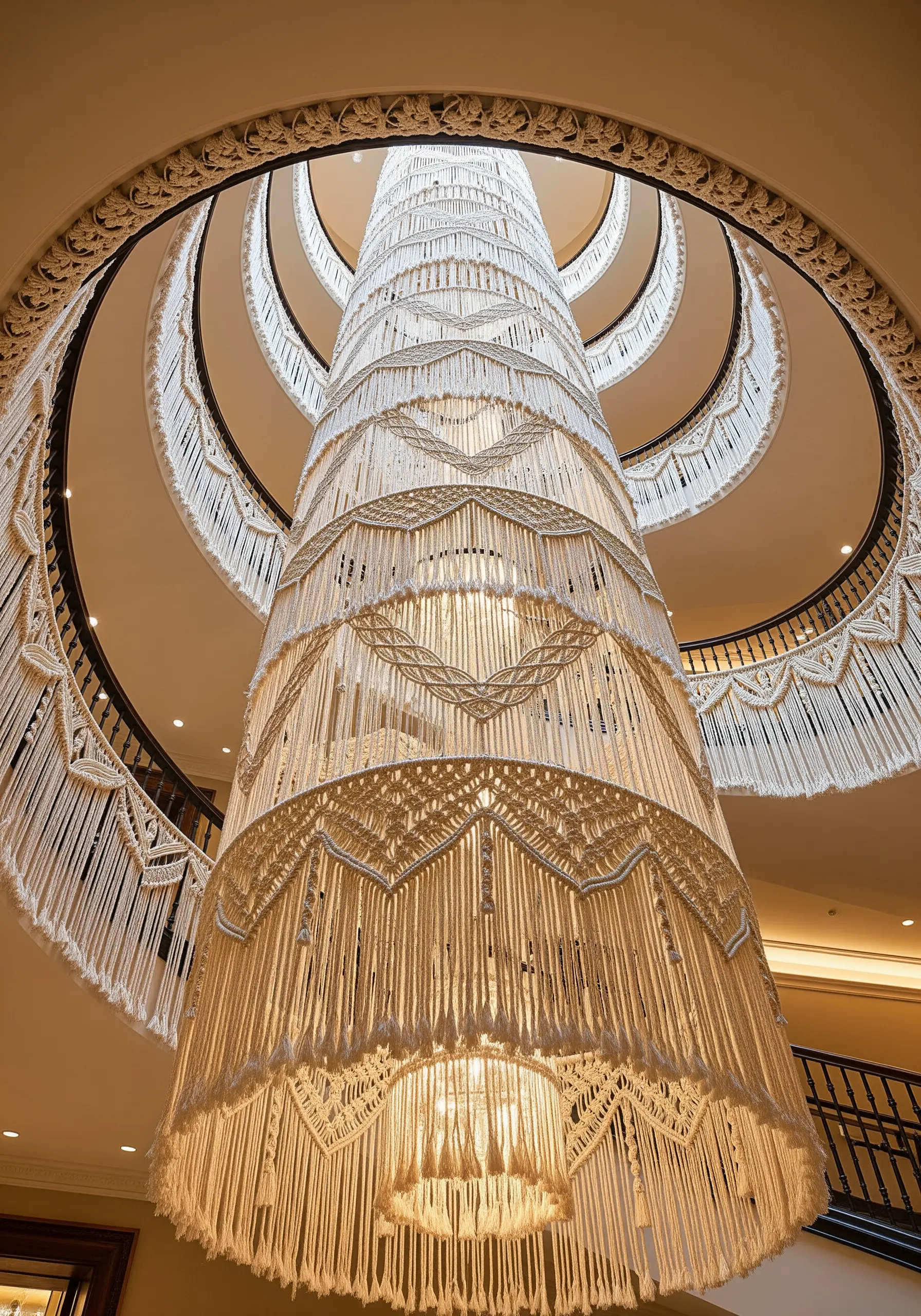 A massive, multi-tiered macrame chandelier hanging in the center of a grand spiral staircase.