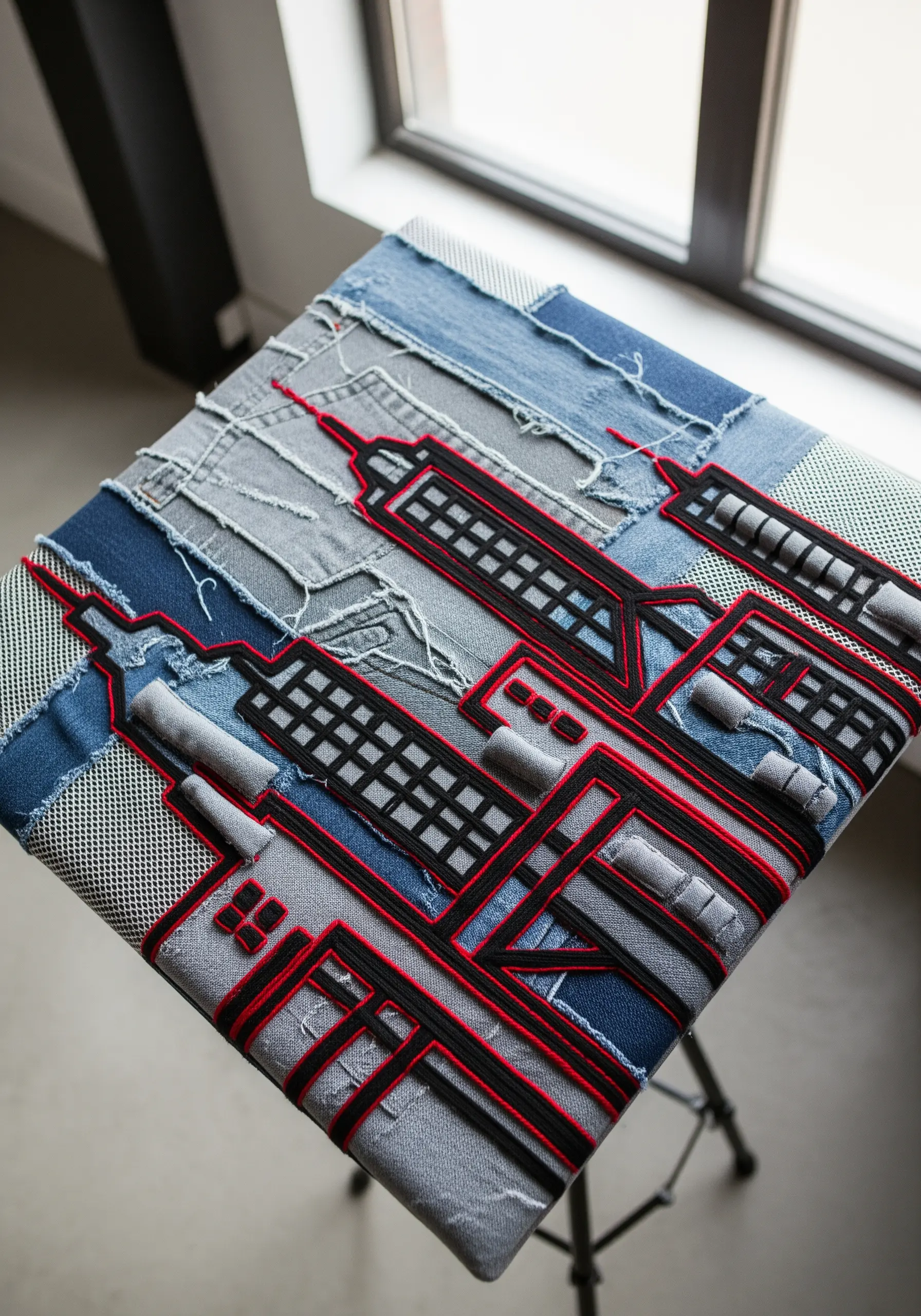 Geometric cityscape embroidered in red on a patchwork of gray and blue denim.