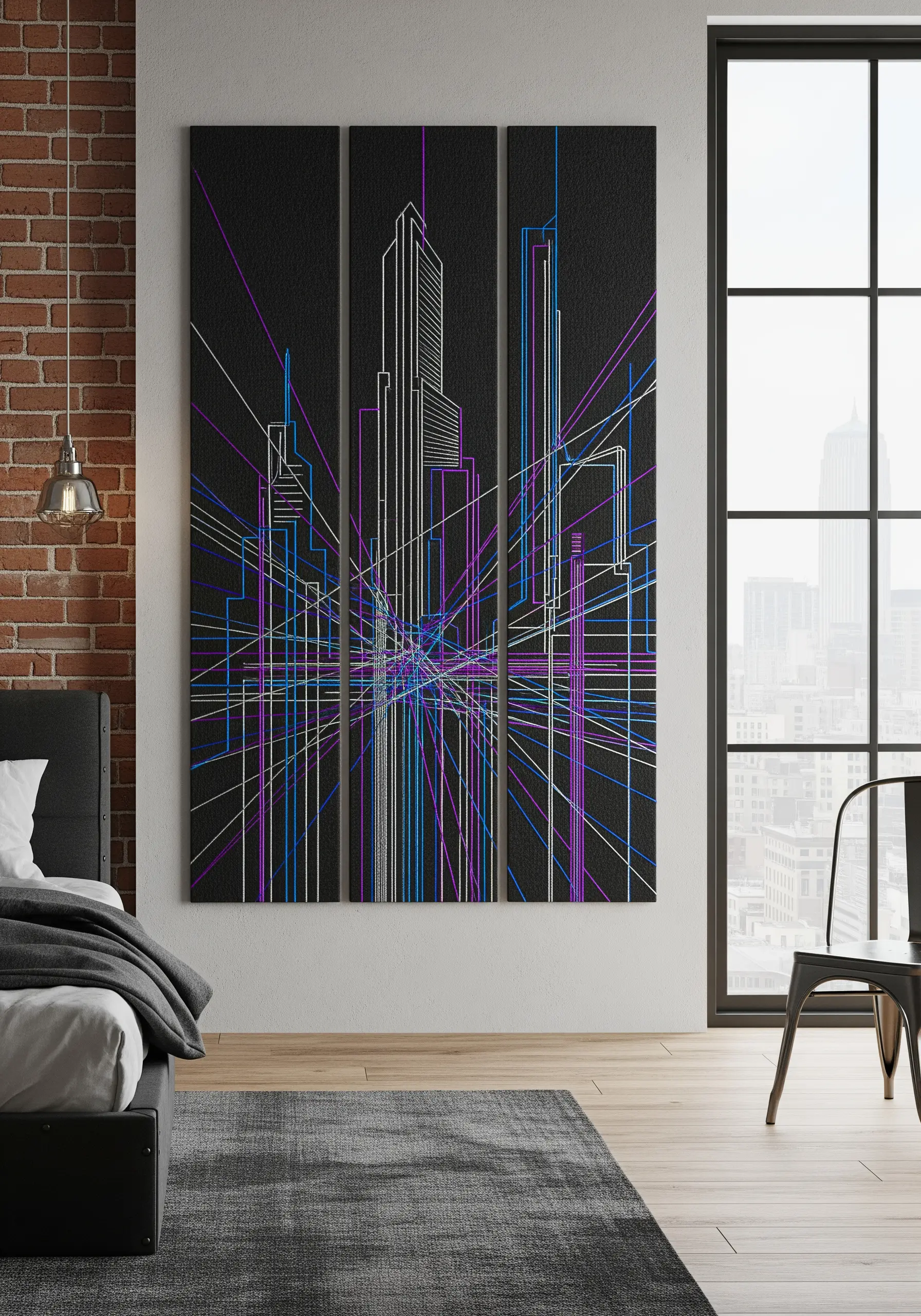 A three-panel embroidery of an abstract cityscape using intersecting colored lines on black canvas.