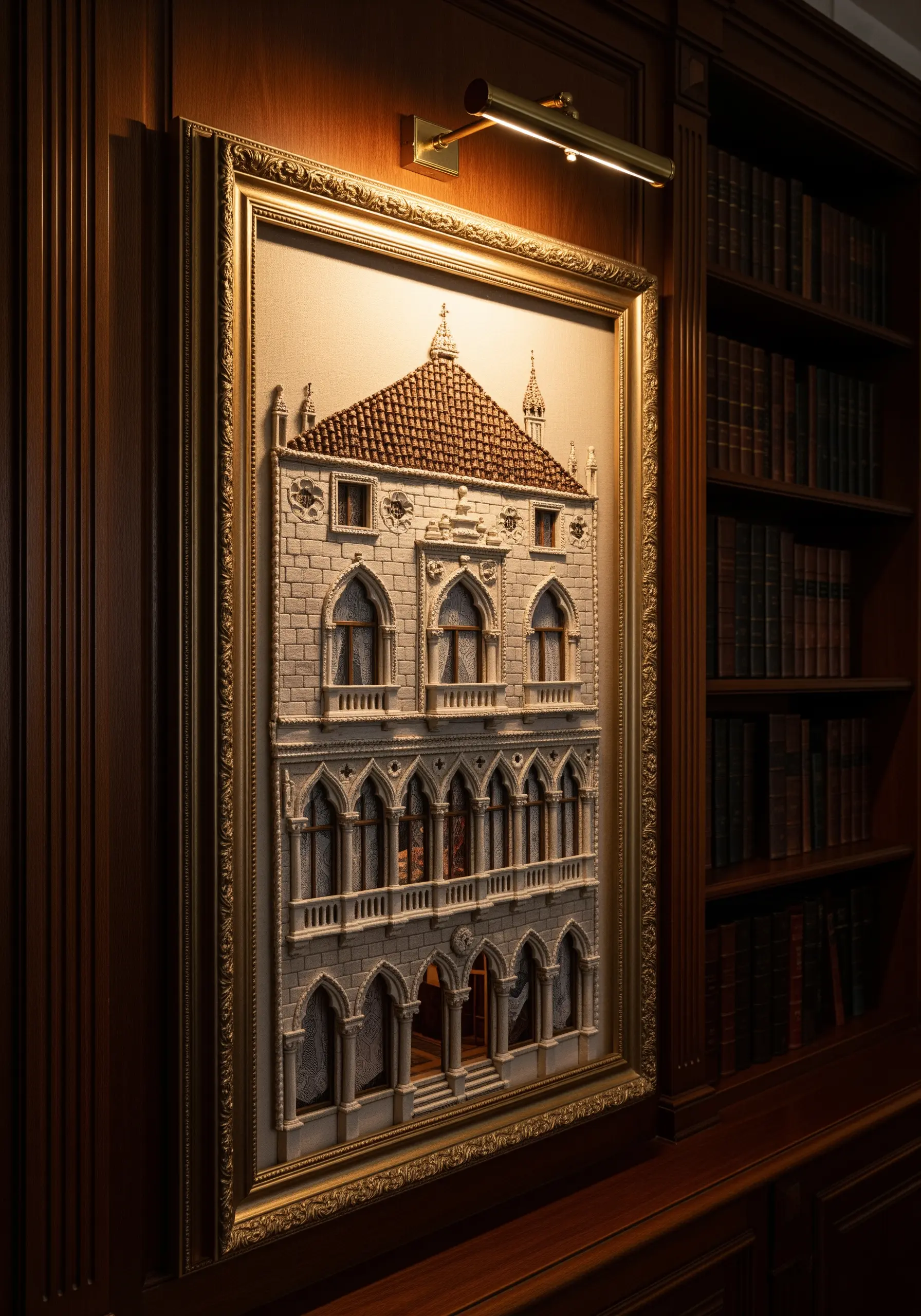 Intricate 3D embroidery of a Venetian-style building facade in a gold frame