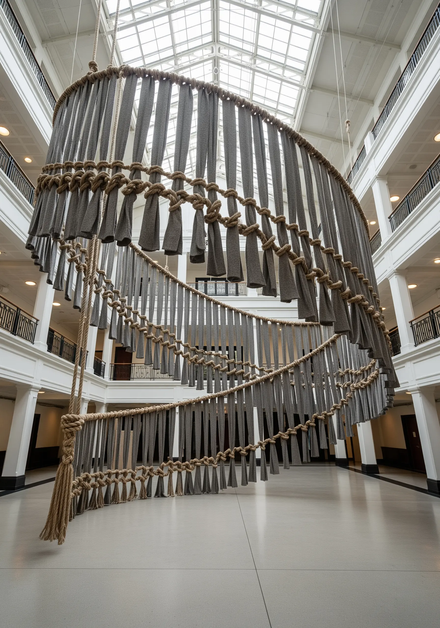 A massive spiral installation made of thick rope and grey fabric strips hanging in a large atrium.
