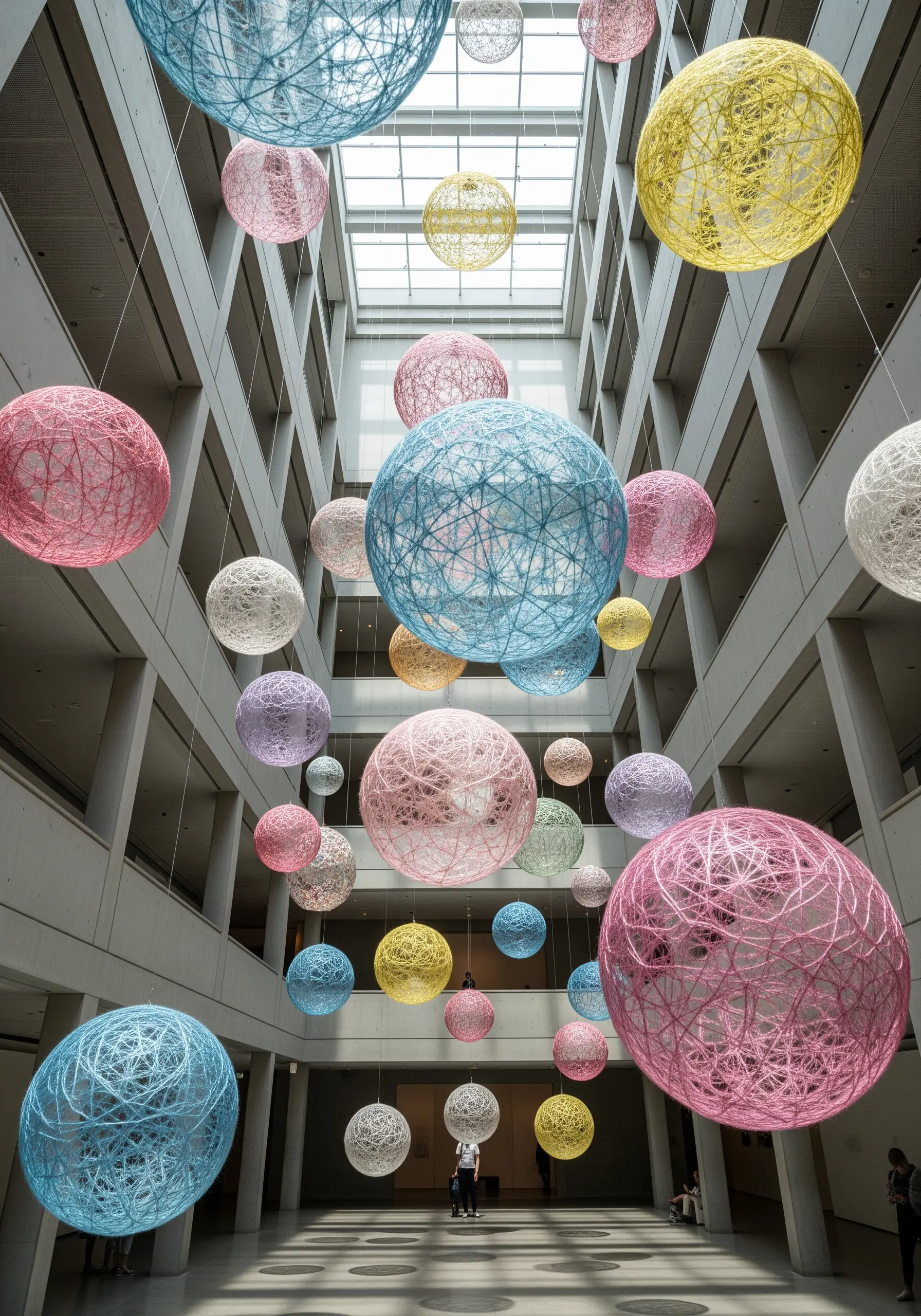 Dozens of large, ethereal spheres made of pastel-colored string hanging in a tall atrium.