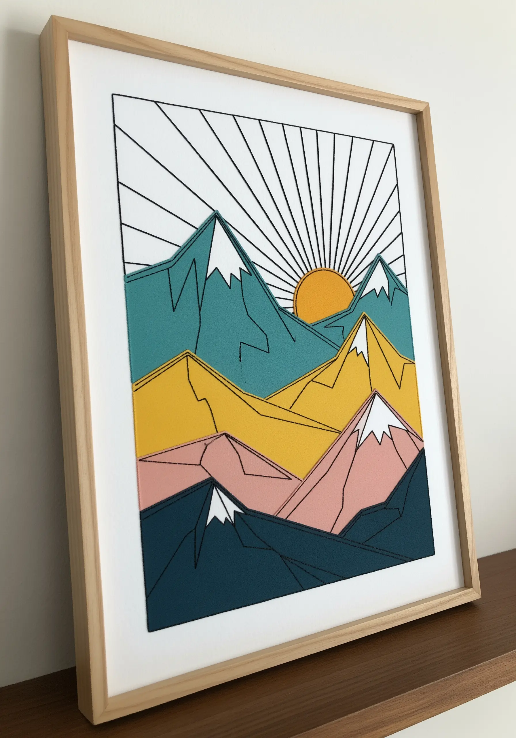 Framed geometric mountain landscape made from layered paper with black stitched outlines.