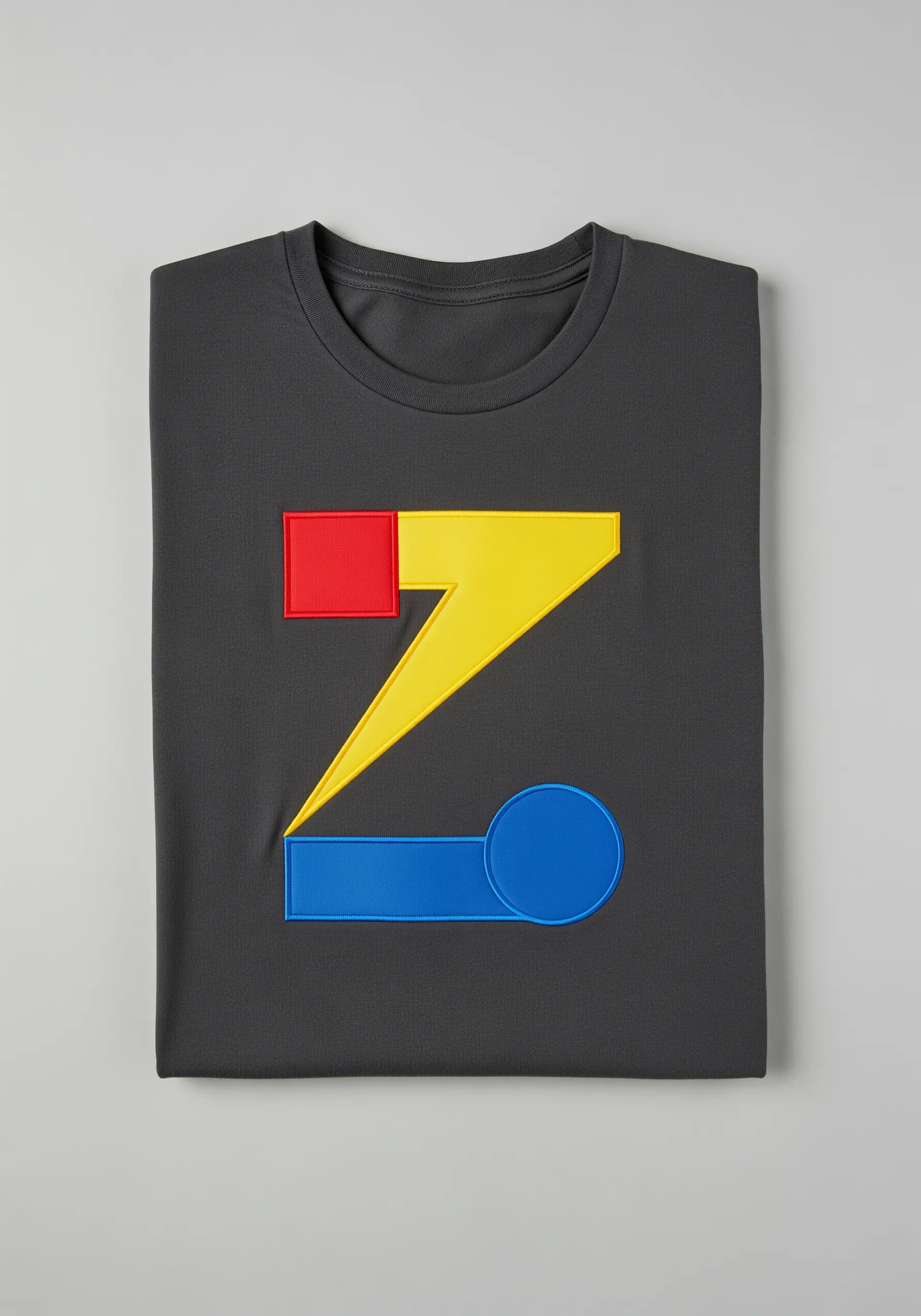 A stylized letter 'Z' made from geometric blocks of red, yellow, and blue fabric on a dark shirt.