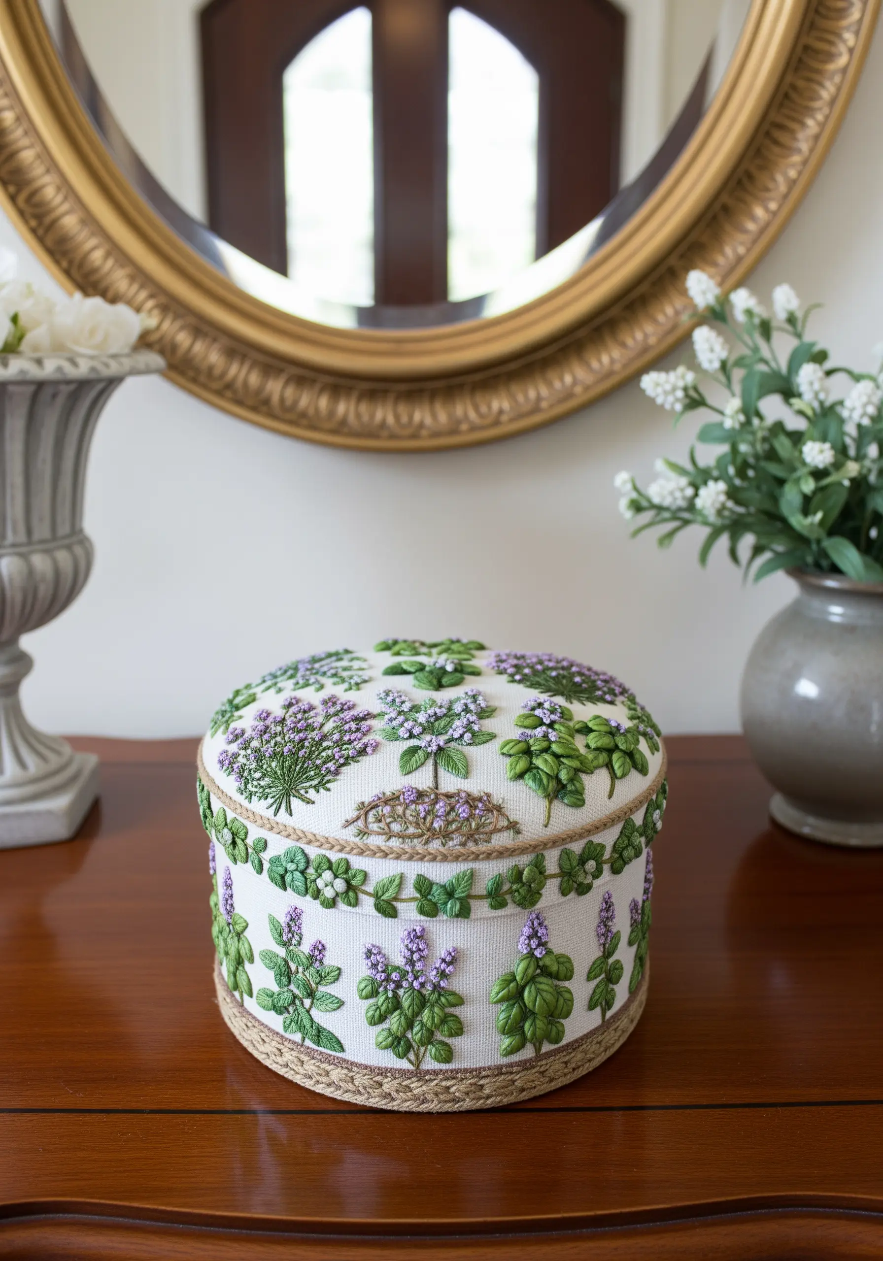 An ornate, fabric-covered box heavily embroidered with dimensional herbs like lavender and basil.