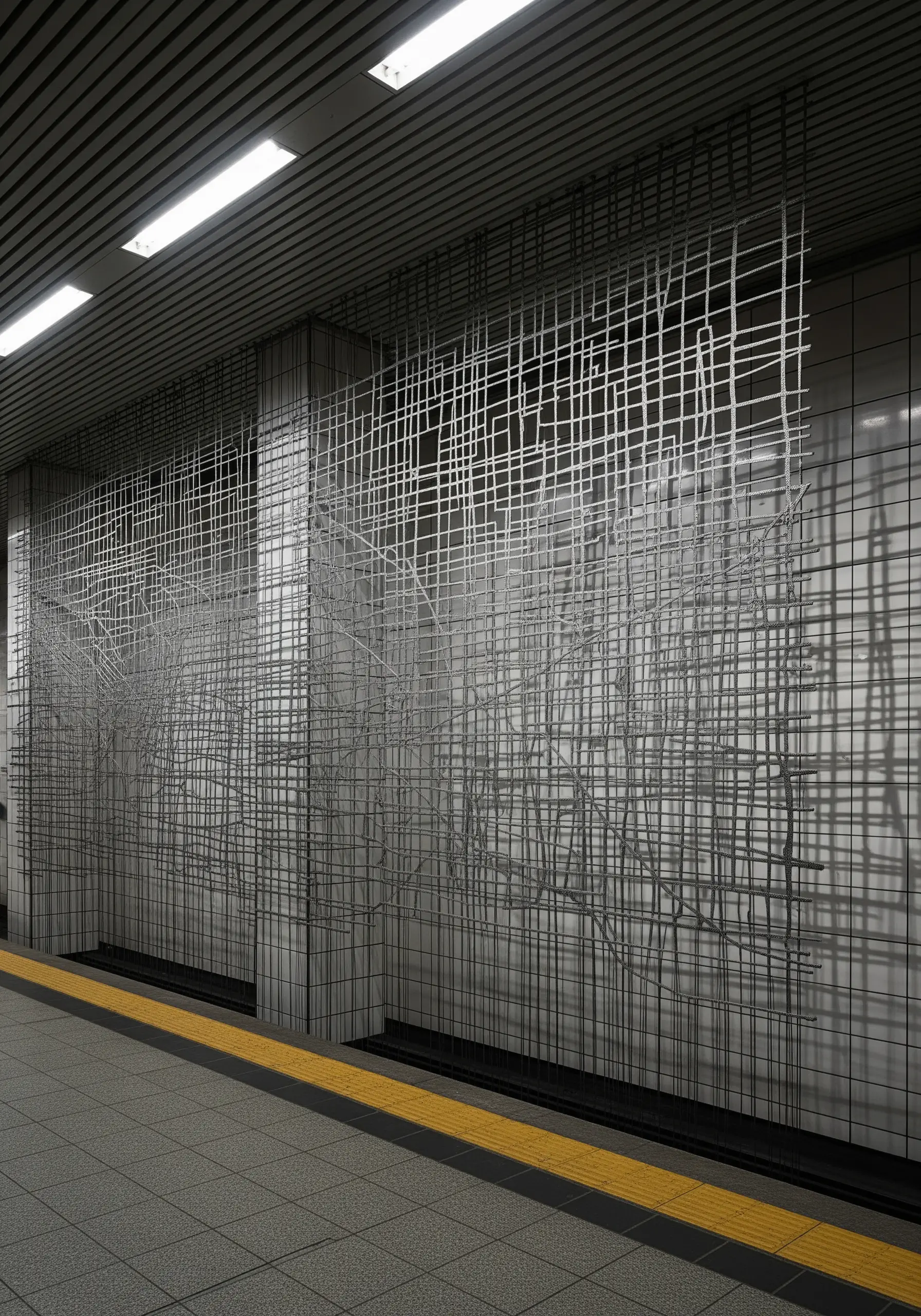 A large, abstract grid sculpture made of thin metal rods in a subway station.